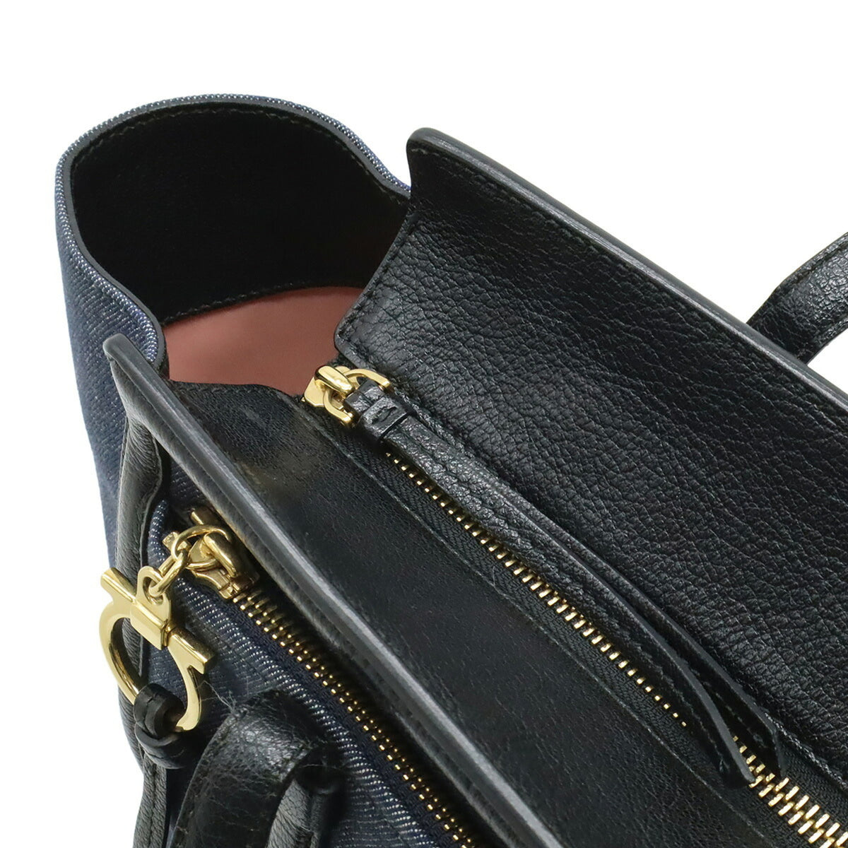 Salvatore Ferragamo Navy Black Denim Leather Shoulder Bag Tote Bag (Pre-Owned)