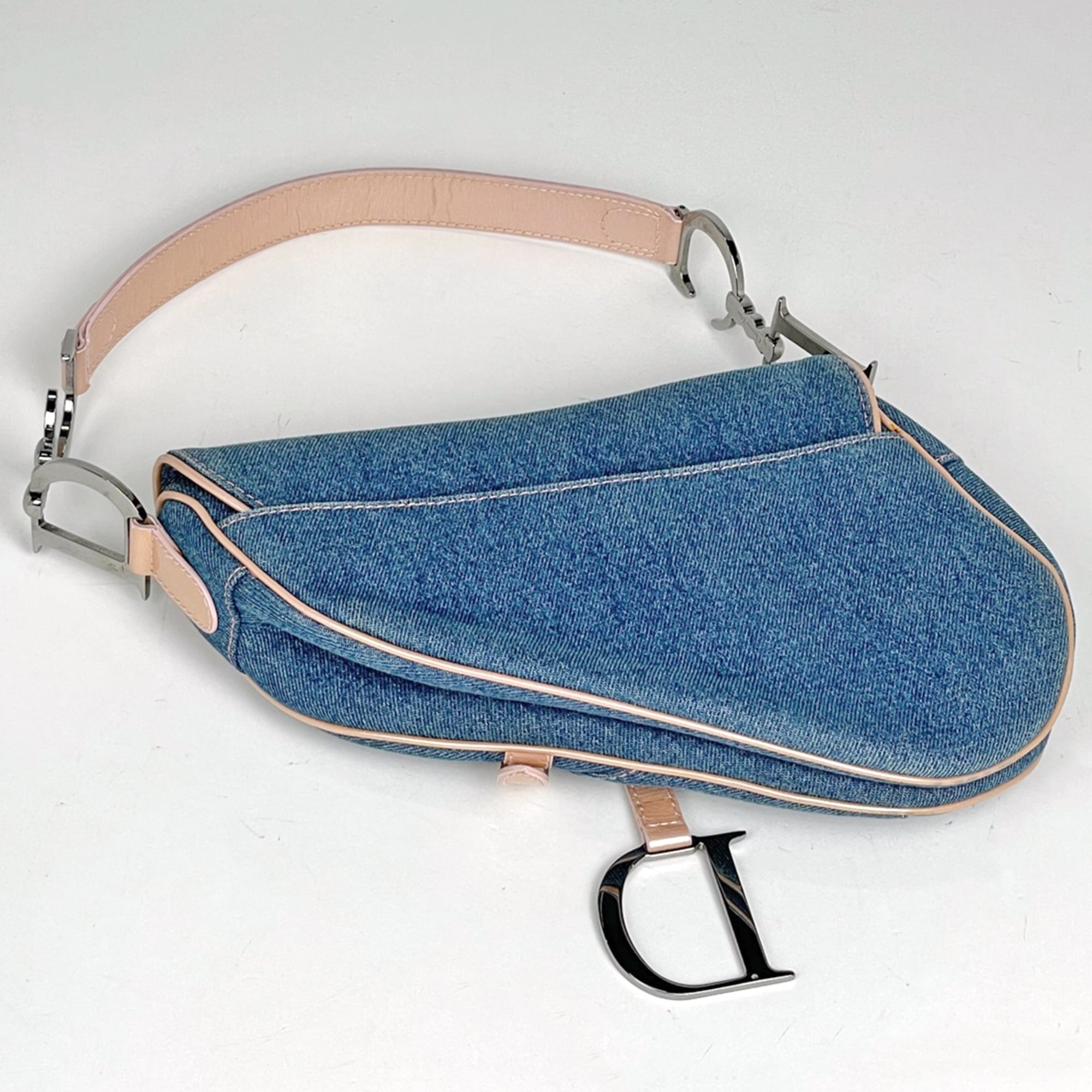 Christian Dior Blue Pink Denim Leather Saddle Bag (Pre-Owned)
