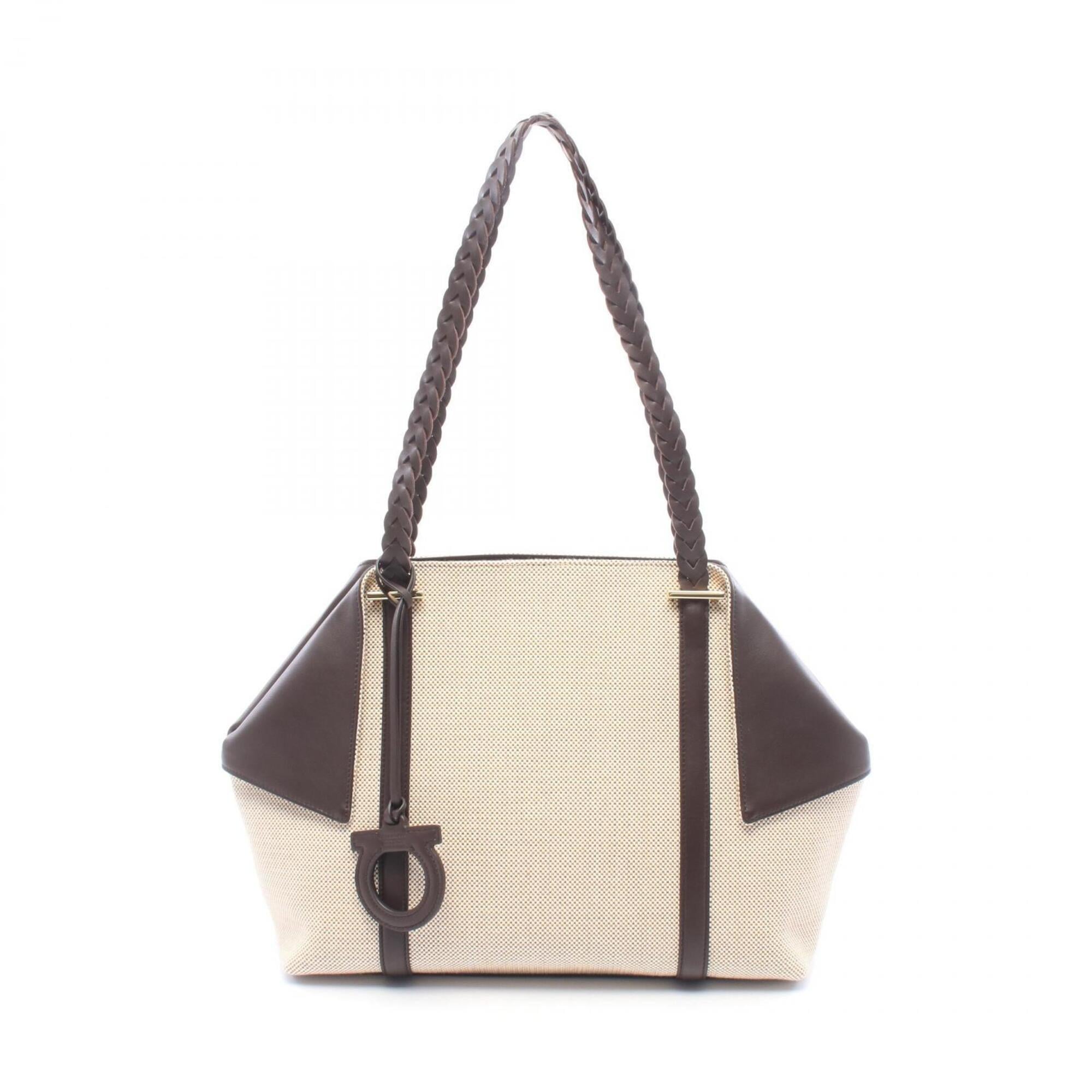 Salvatore Ferragamo Beige Brown Canvas Leather Handbag Tote Bag (Pre-Owned)