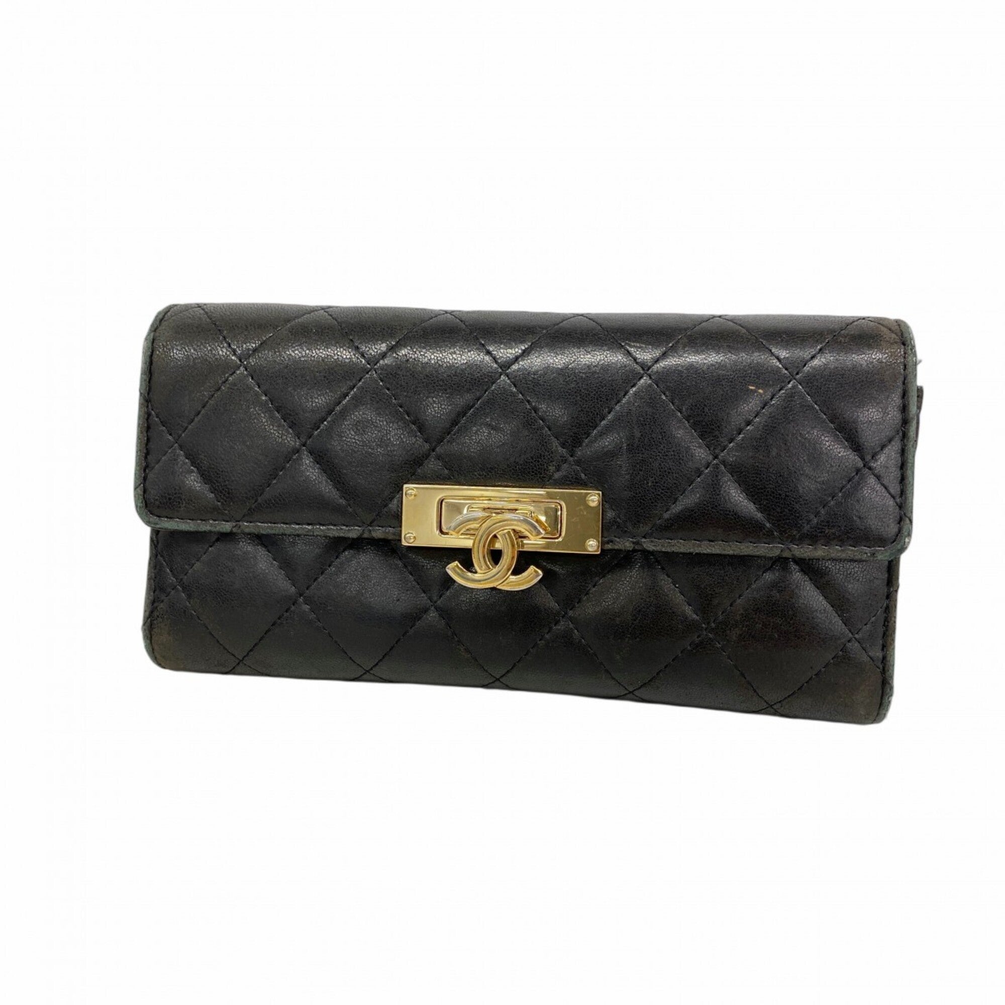 Chanel Black Leather Long Wallet (Bi-Fold) (Pre-Owned)