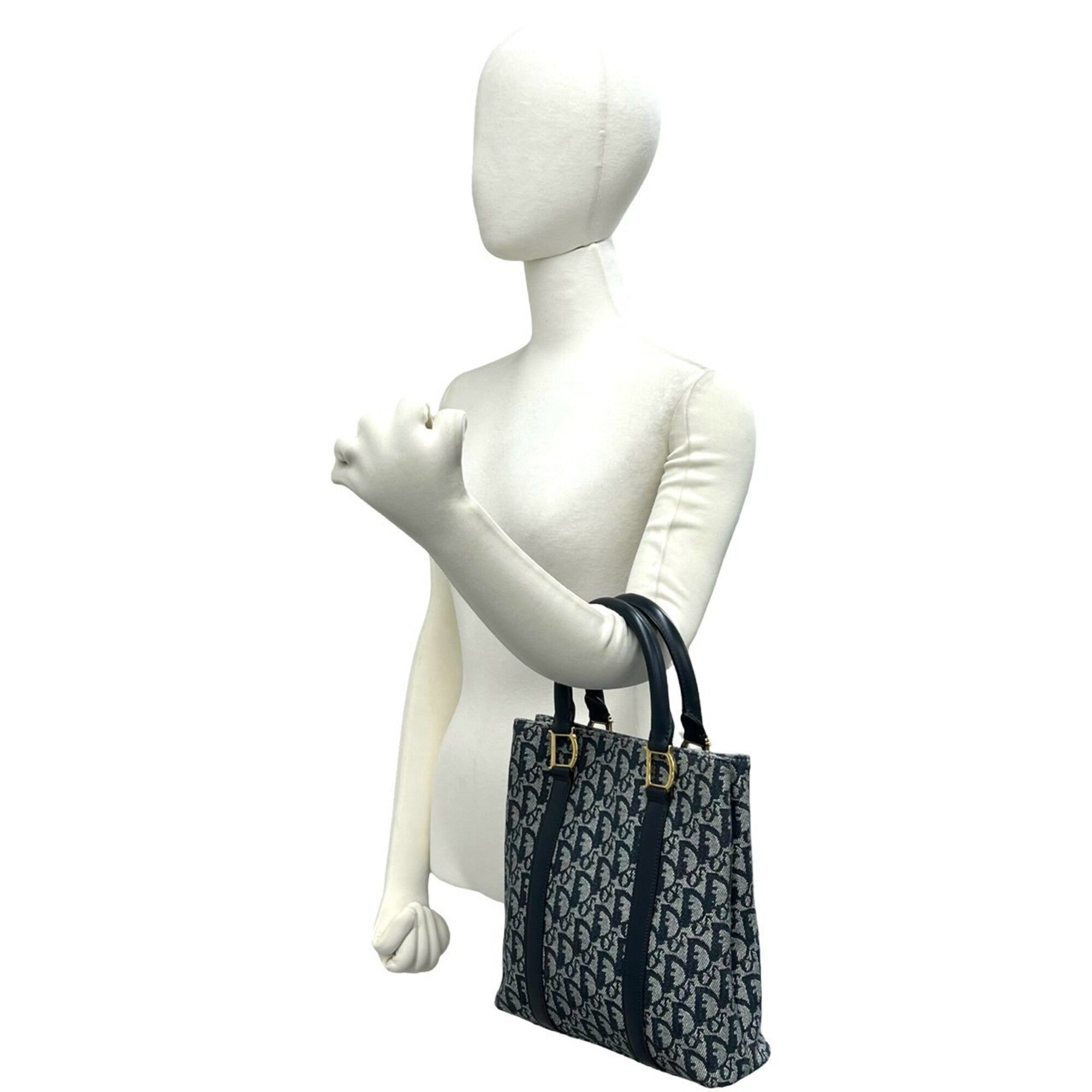 Christian Dior Navy Canvas Leather Handbag Tote Bag (Pre-Owned)