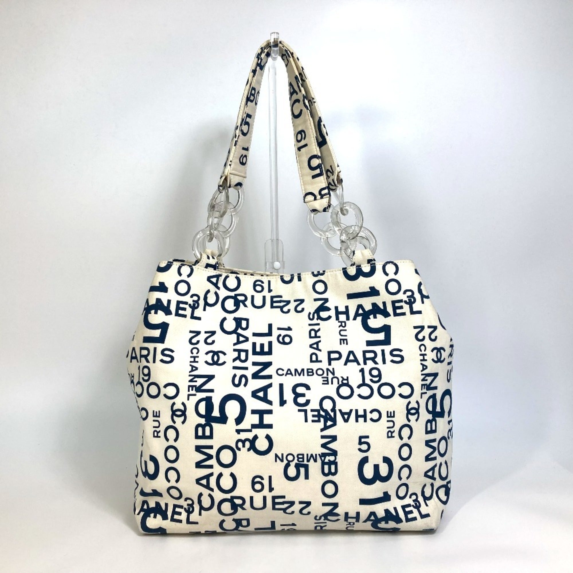 Chanel Navy White Canvas Shoulder Bag Tote Bag (Pre-Owned)
