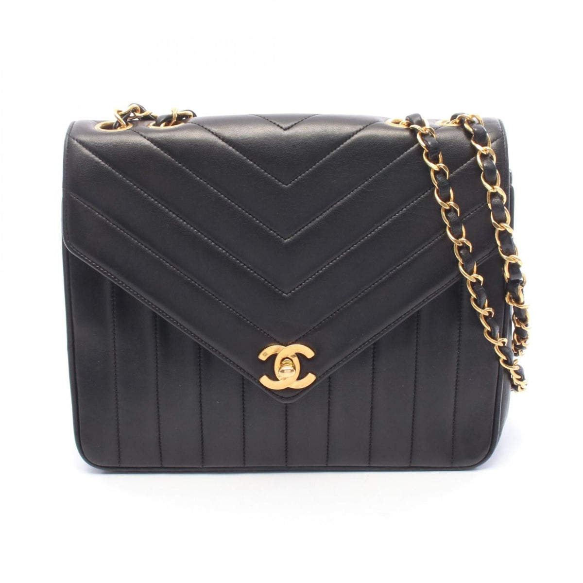Chanel Chevron (V Stitch) Black Leather Handbag Shoulder Bag (Pre-Owned)