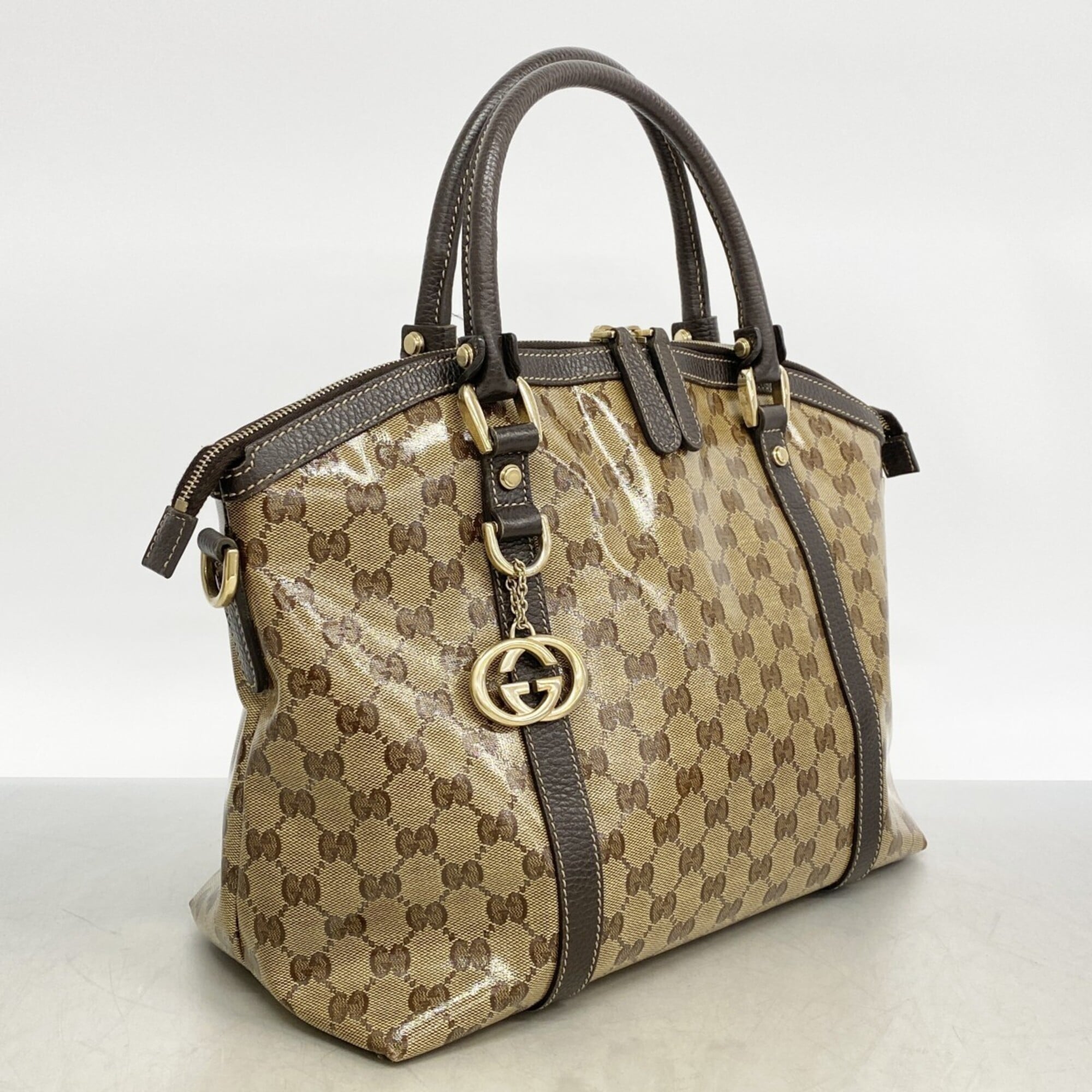 Gucci Beige Brown Coated Canvas Handbag (Pre-Owned)