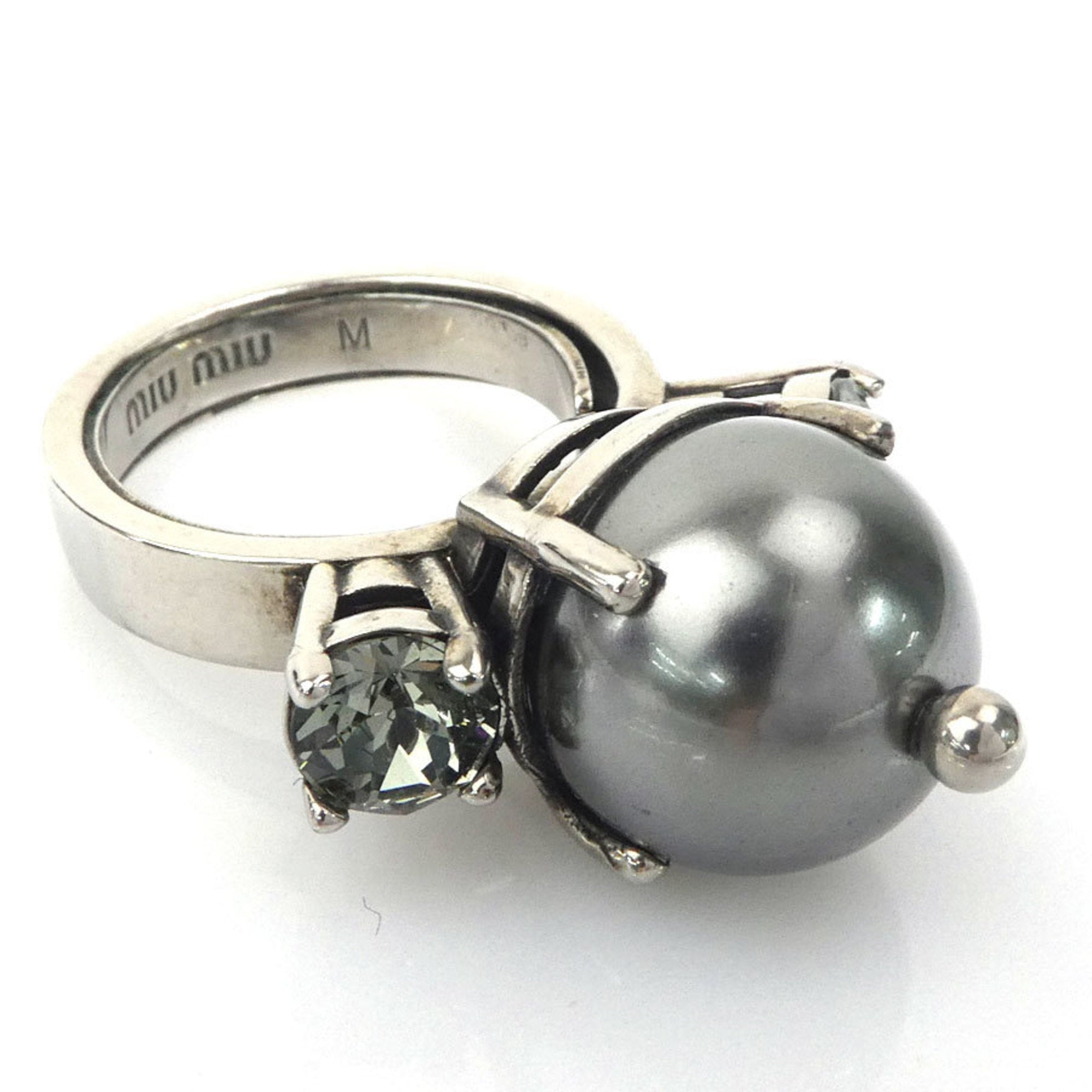Miu Miu Silver Artificial Pearl Metal Band Ring (Pre-Owned)
