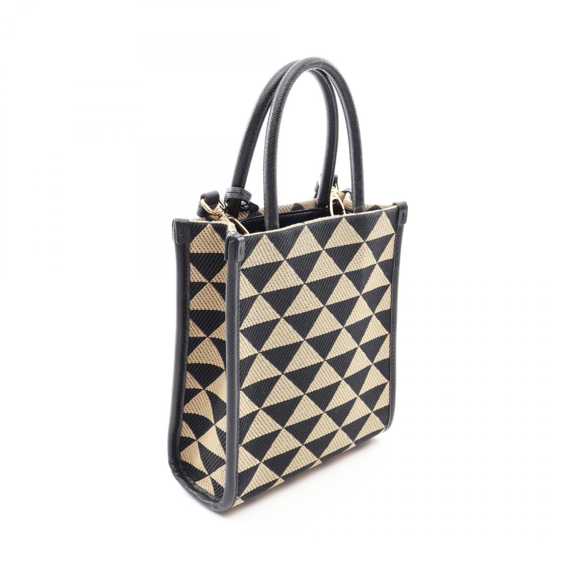 Prada Beige Black Canvas Saffiano Triangle Handbag (Pre-Owned)