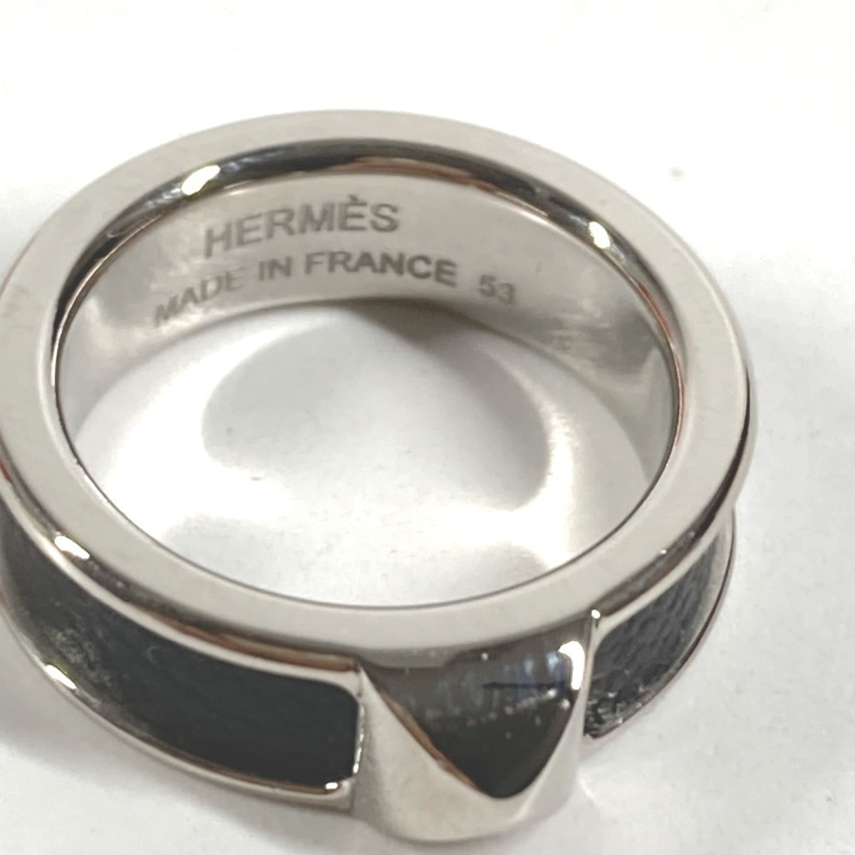 Hermes Black Leather Metal Band Ring (Pre-Owned)