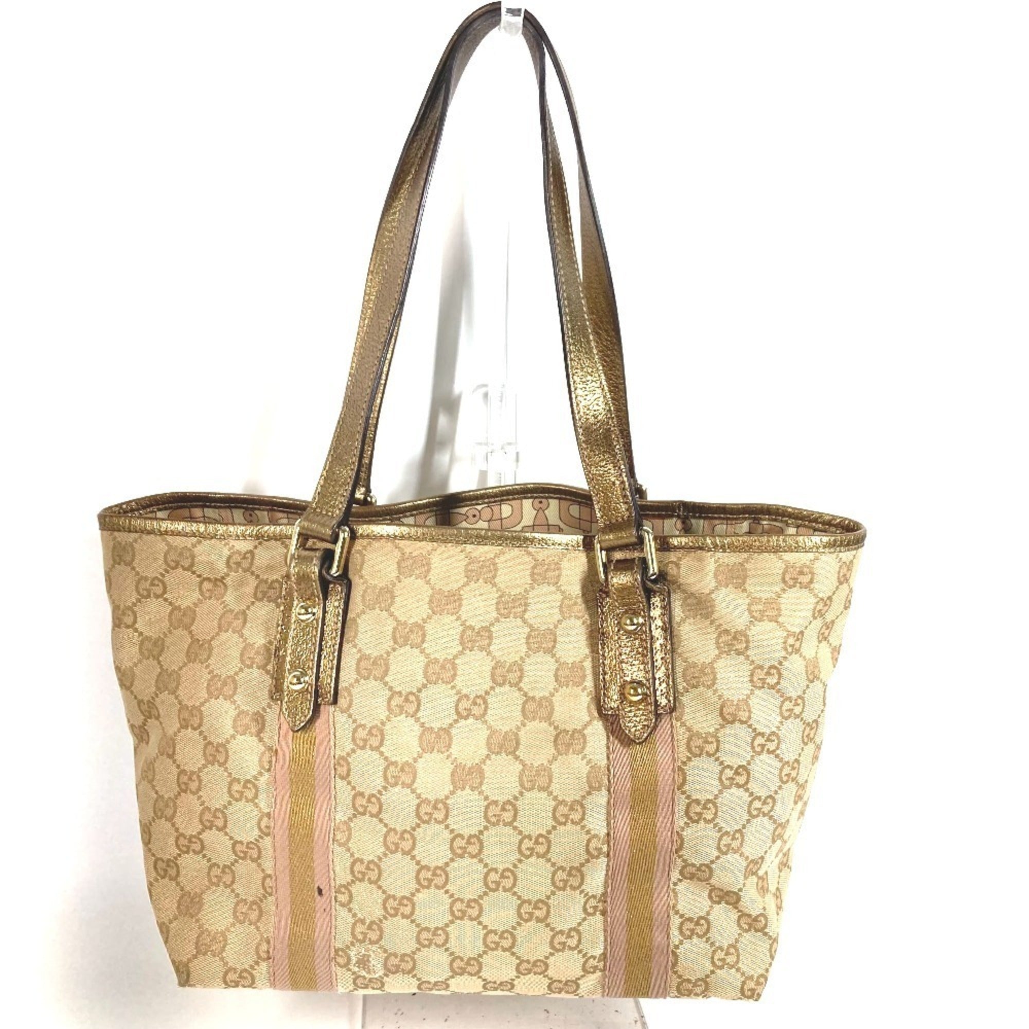 Gucci Beige Gg Canvas Leather Shoulder Bag Tote Bag (Pre-Owned)