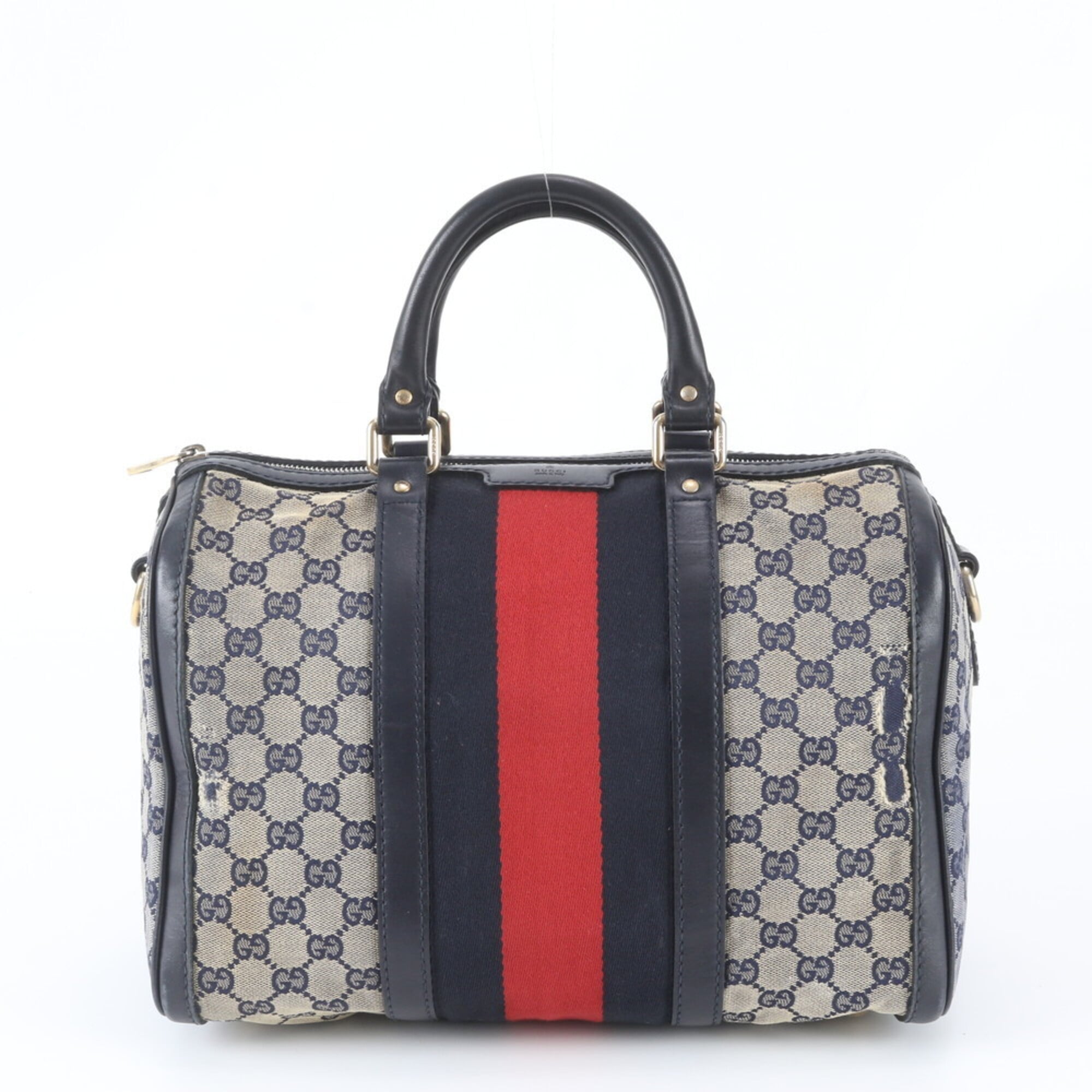 Gucci Gray Navy Leather Canvas Handbag Tote Bag (Pre-Owned)