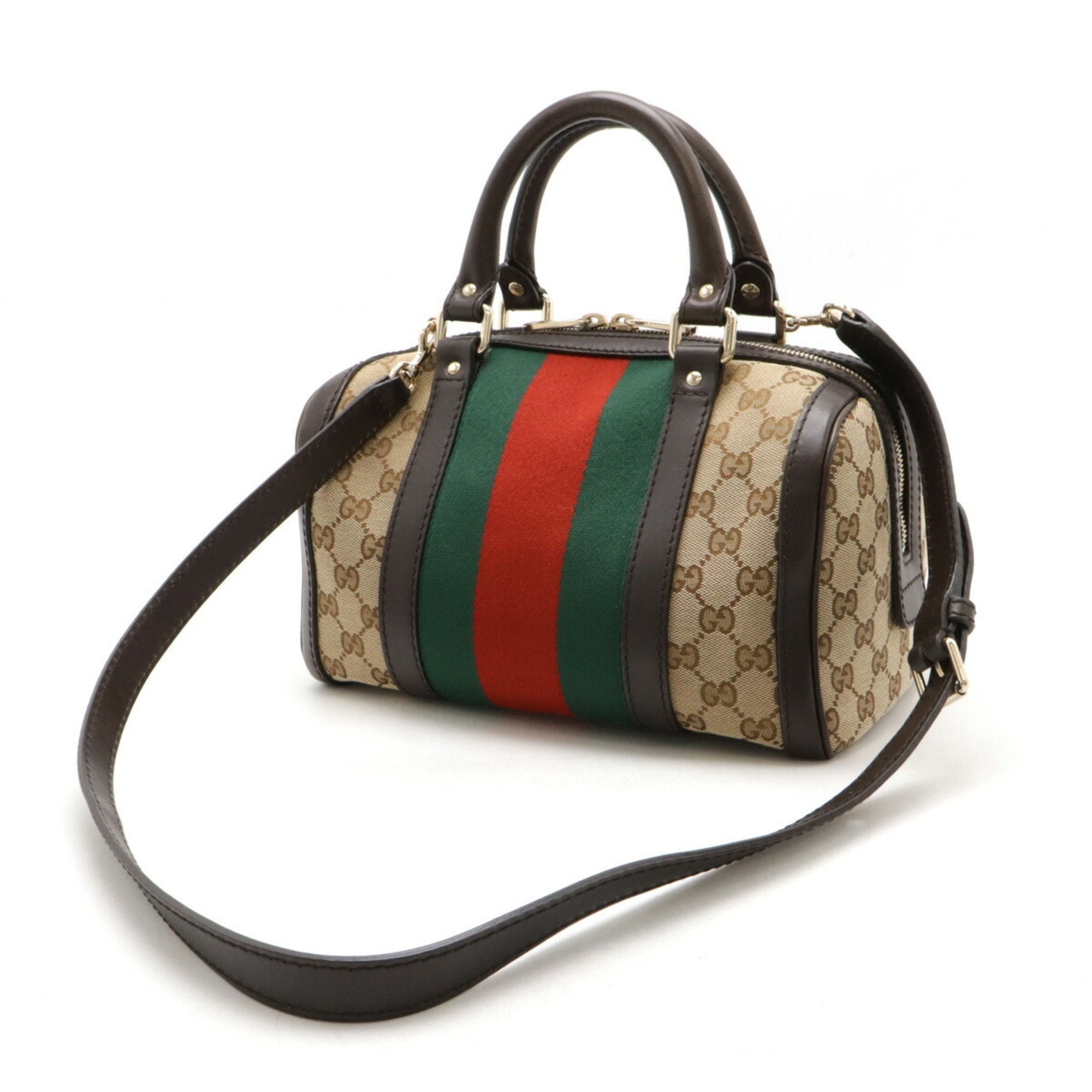 Gucci Beige Dark Brown Green Khaki Red Color Canvas Leather Handbag Shoulder Bag (Pre-Owned)