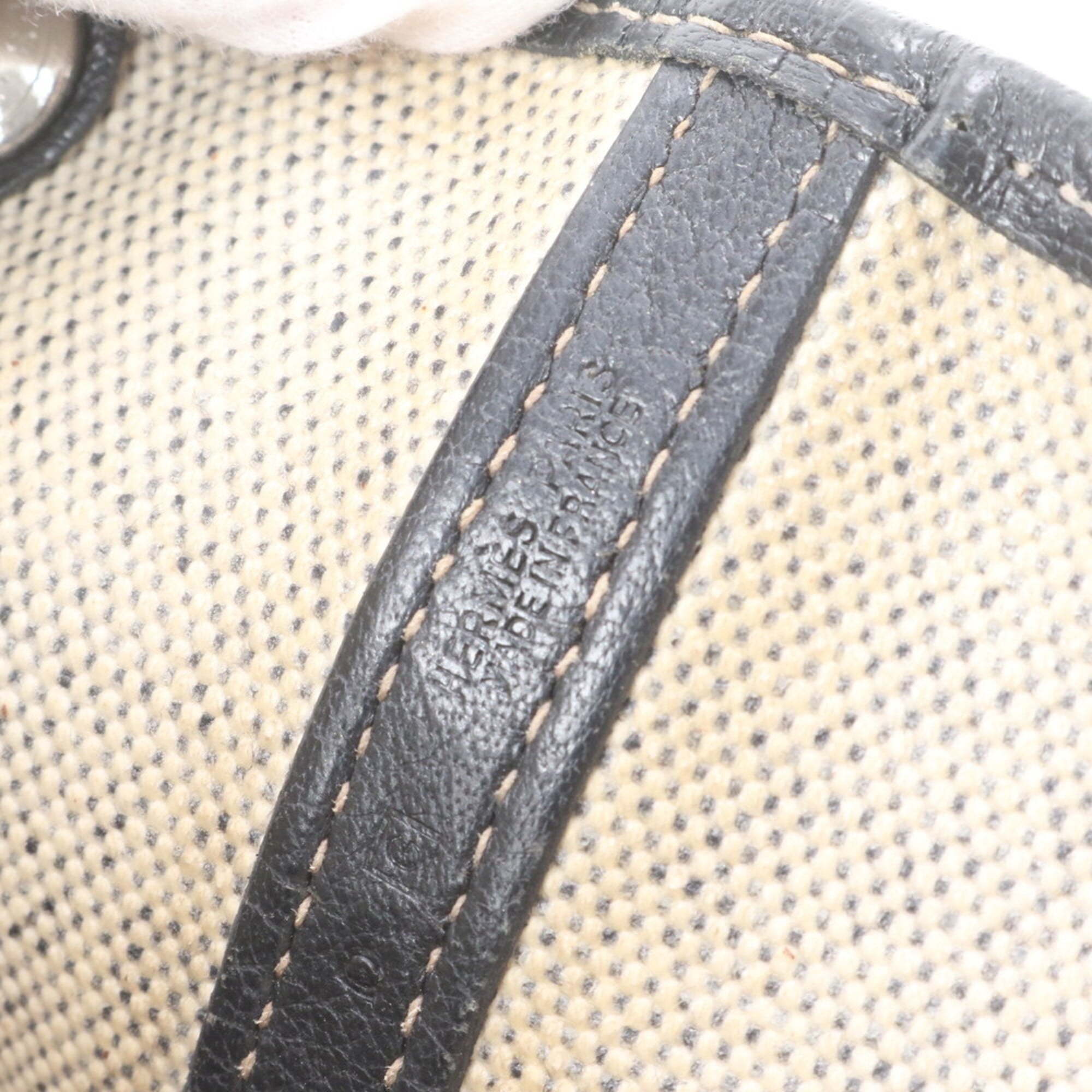Hermes Beige Black Leather Canvas Handbag Shoulder Bag Tote Bag (Pre-Owned)
