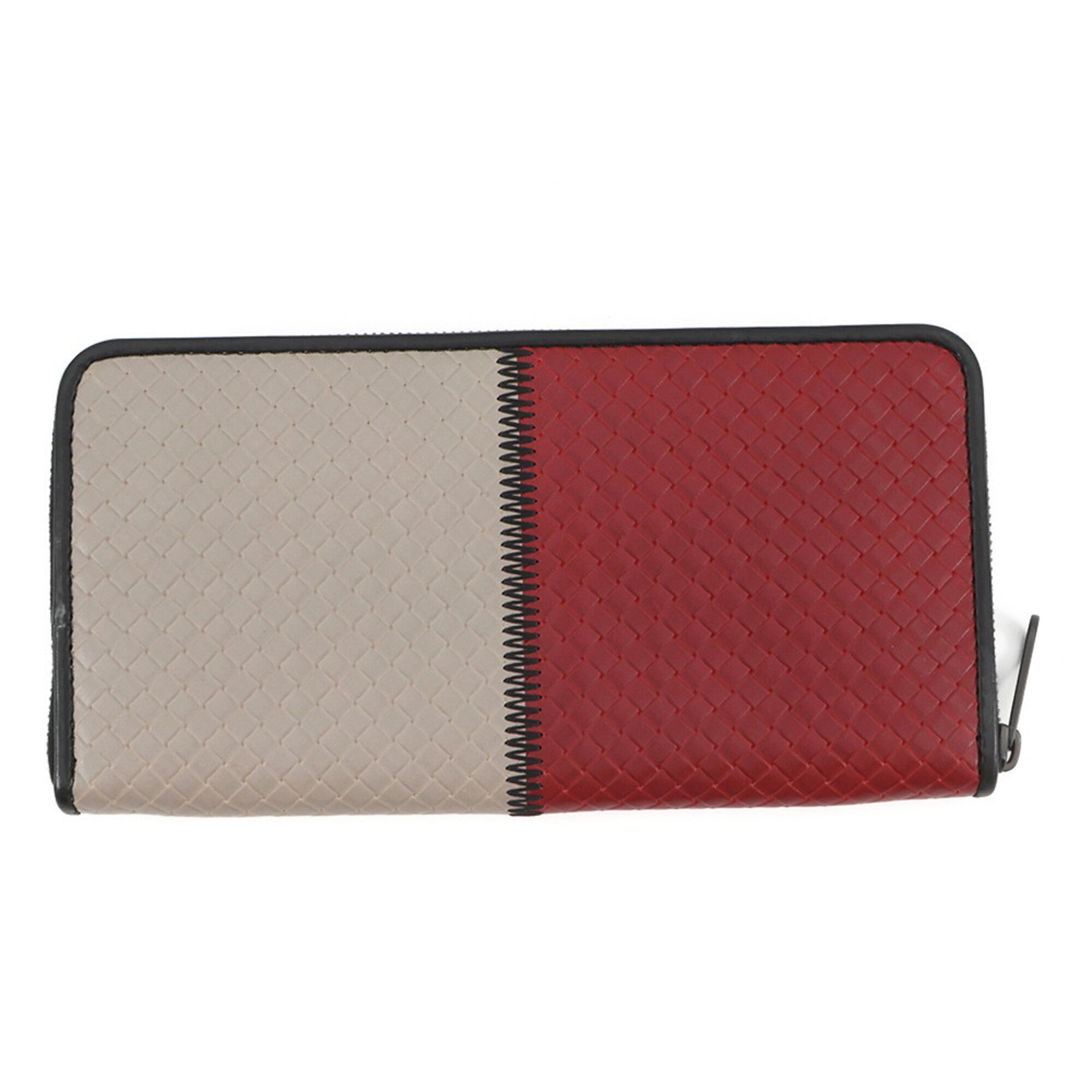 Bottega Veneta Intrecciato Gray Red Color Leather Long Wallet (Bi-Fold) (Pre-Owned)