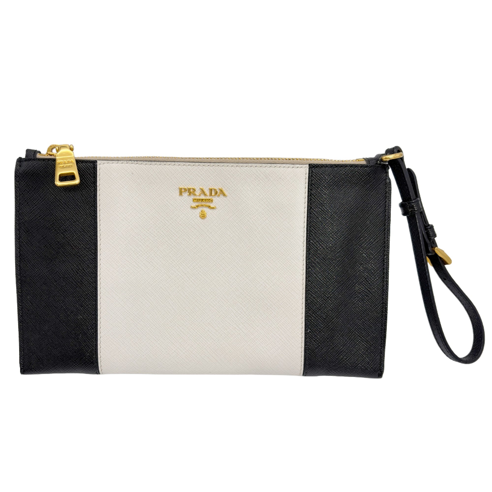 Prada Black White Leather Clutch Bag Handbag Pouch (Pre-Owned)