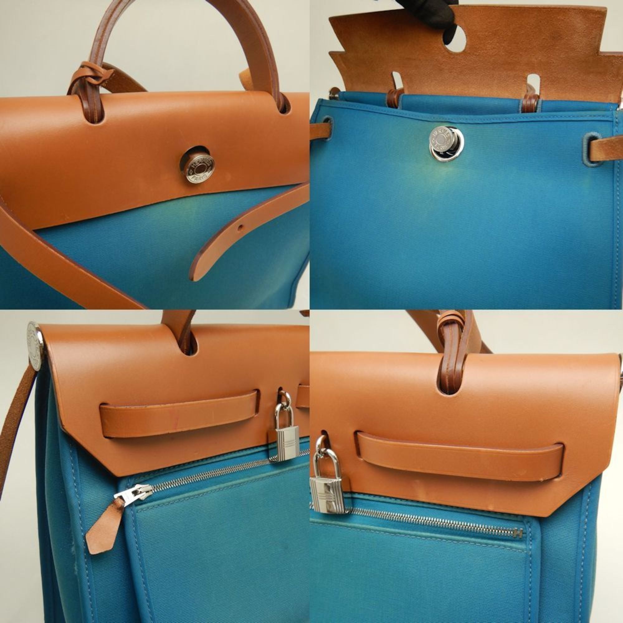 Hermes Her Bag Turquoise Blue Toile Officier Leather Handbag (Pre-Owned)