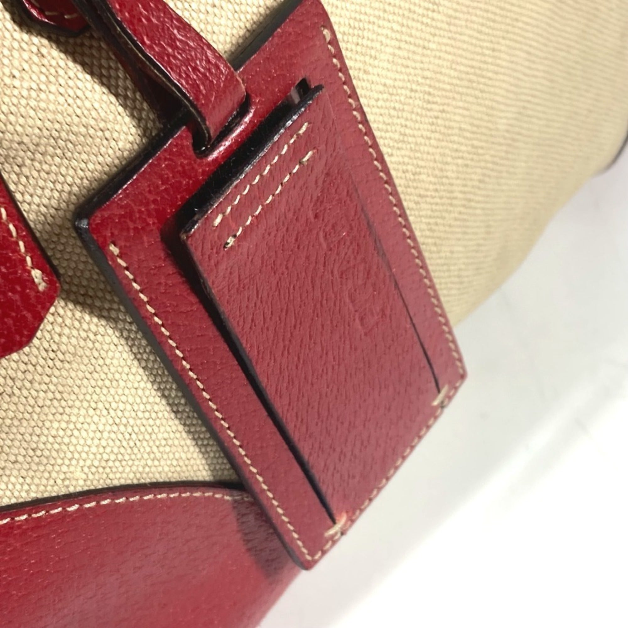 Prada Beige Red Color Leather Canvas Boston Bag Shoulder Bag (Pre-Owned)