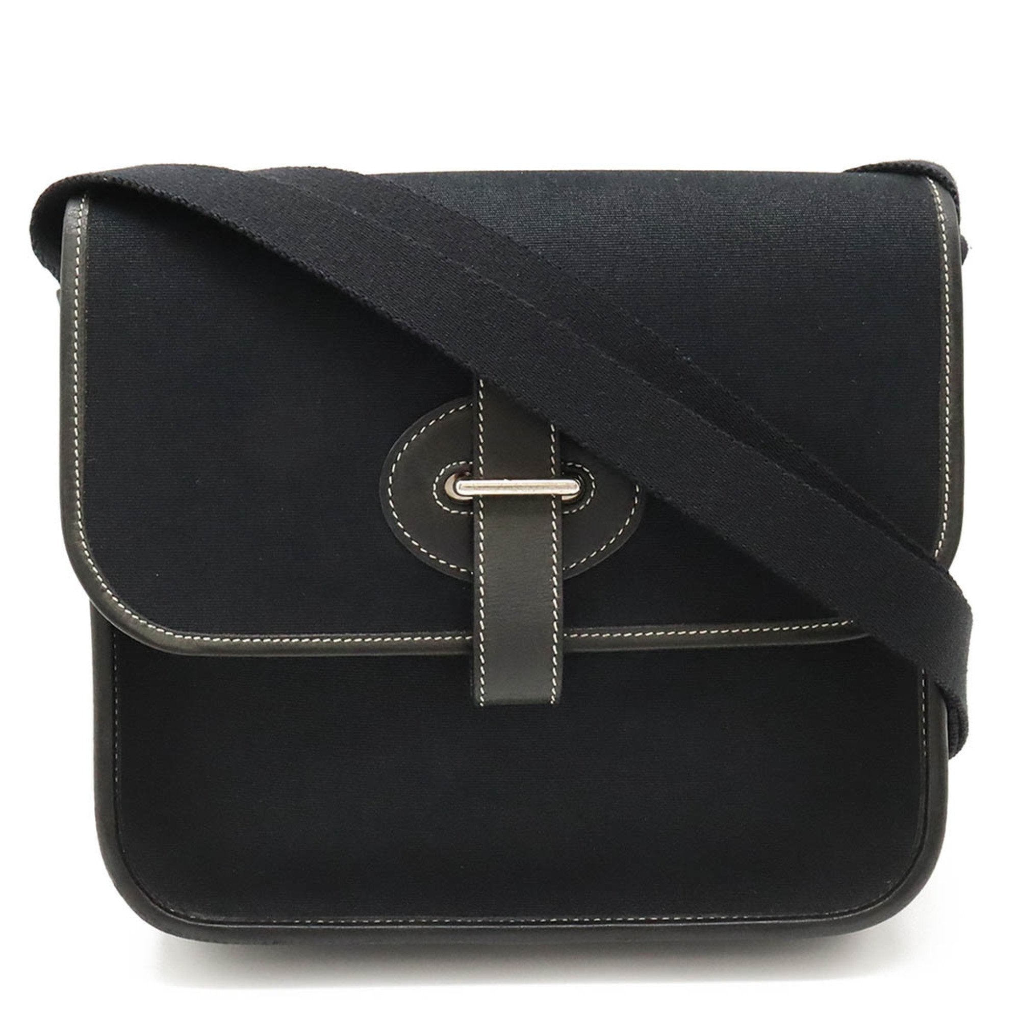 Hermes Buenaventura Black Toile Officier Leather Shoulder Bag (Pre-Owned)