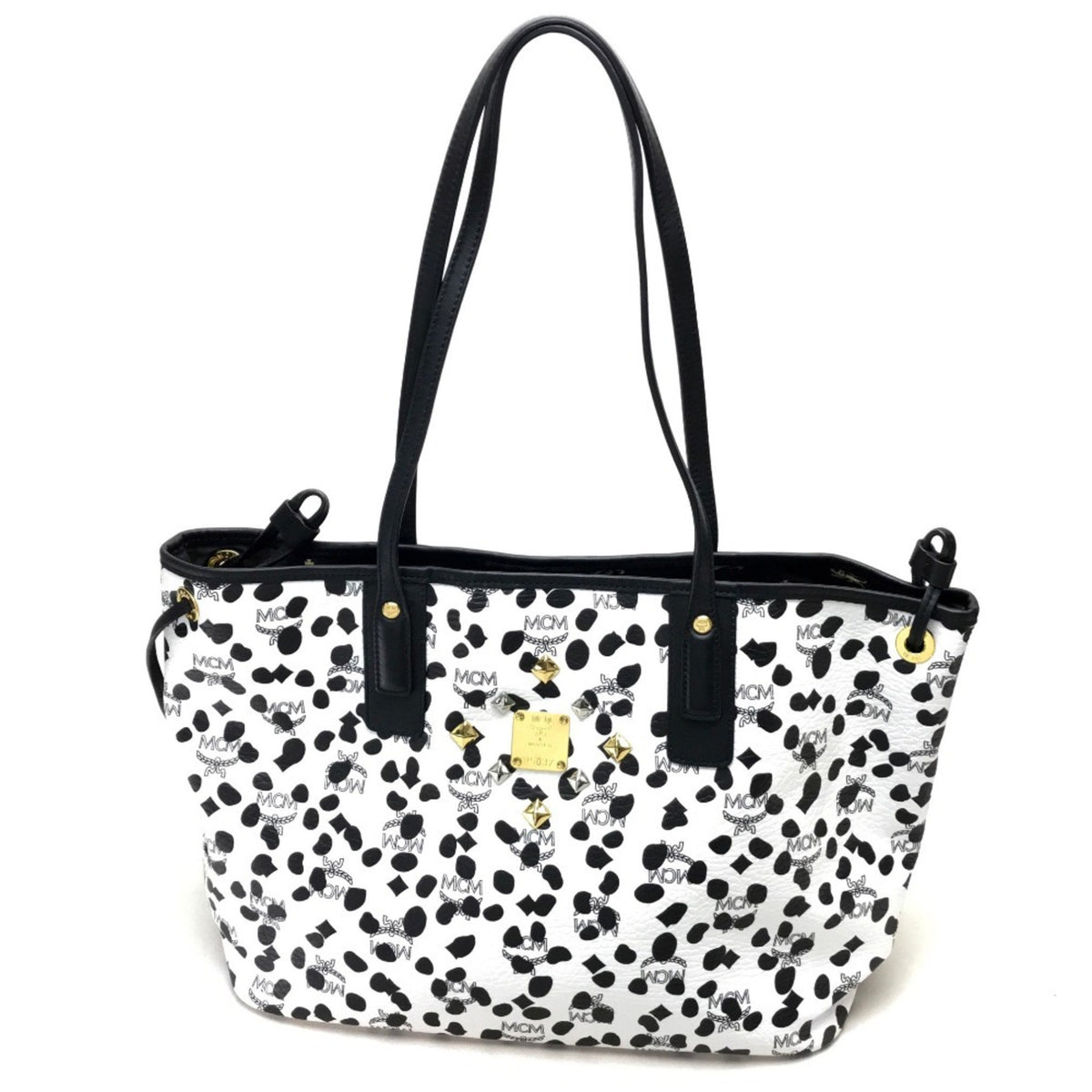Mcm Black White Leather Shoulder Bag Tote Bag (Pre-Owned)