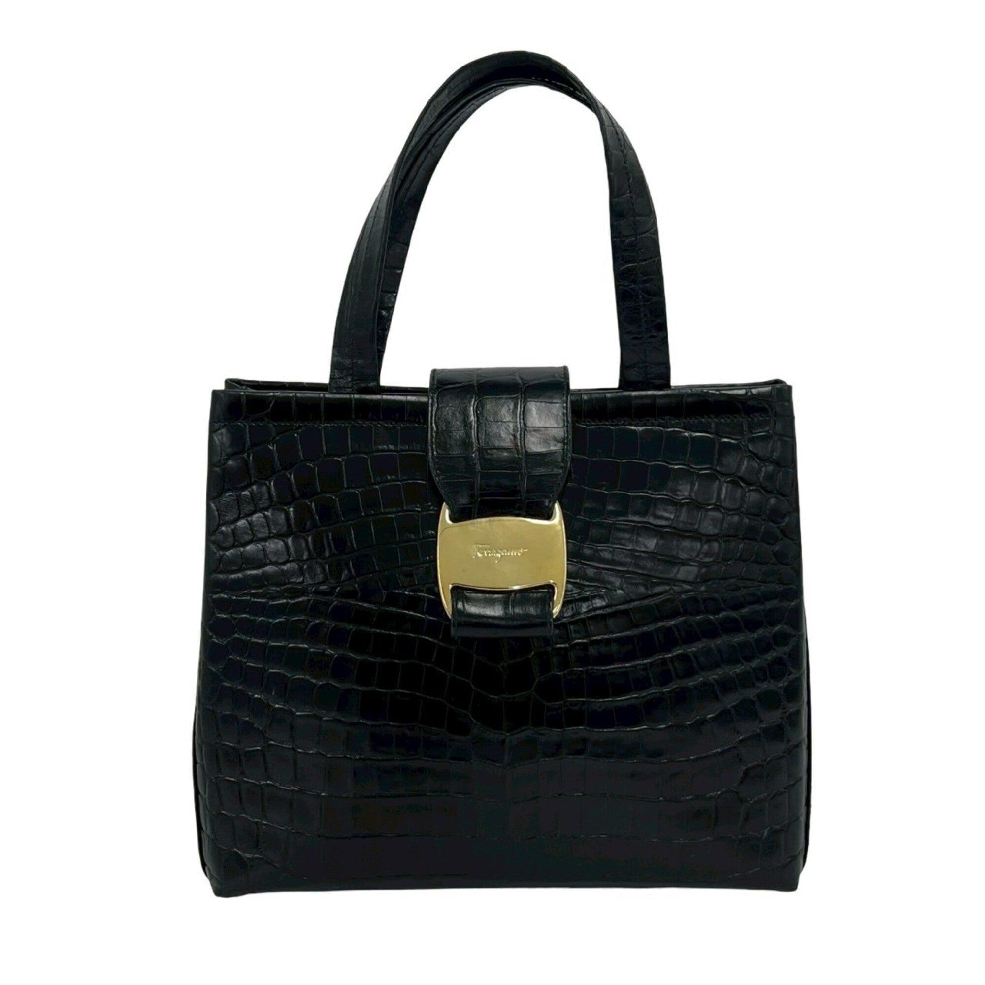 Salvatore Ferragamo Black Leather Handbag Tote Bag (Pre-Owned)