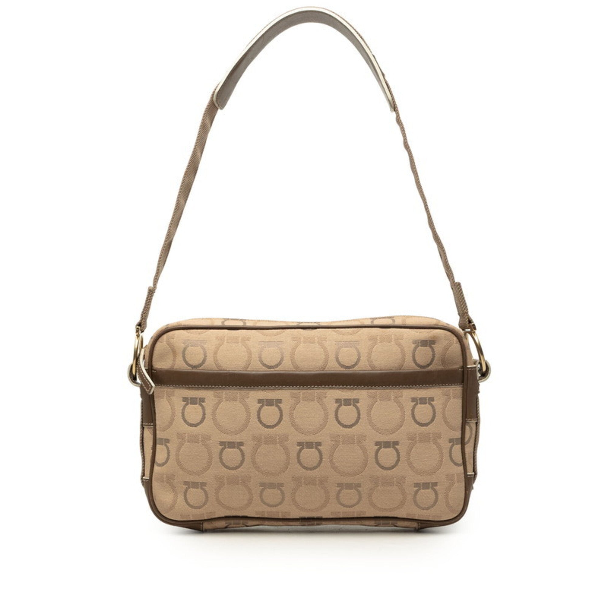 Salvatore Ferragamo Gancini Beige Brown Canvas Leather Shoulder Bag (Pre-Owned)