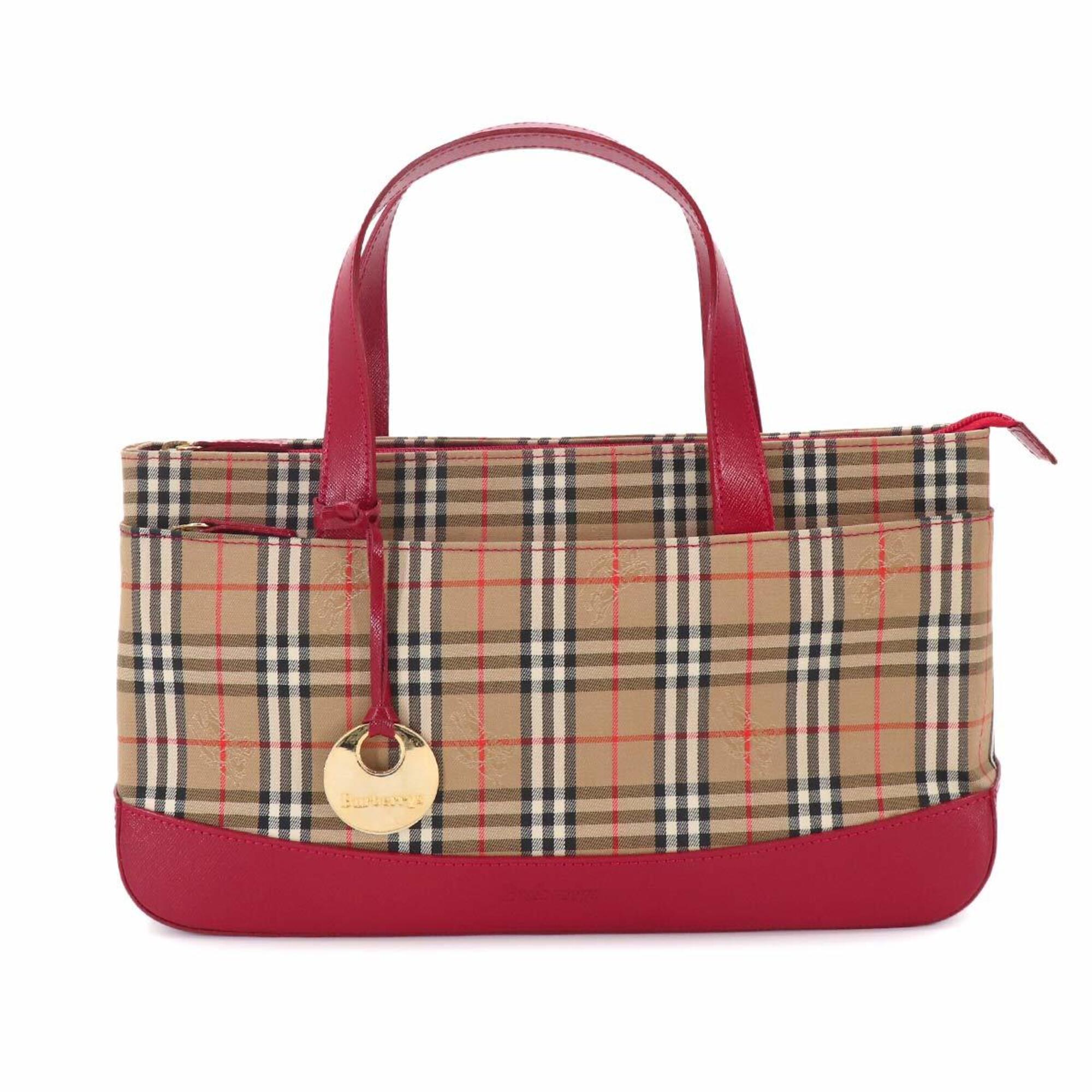 Burberry Beige Red Color Canvas Leather Handbag (Pre-Owned)
