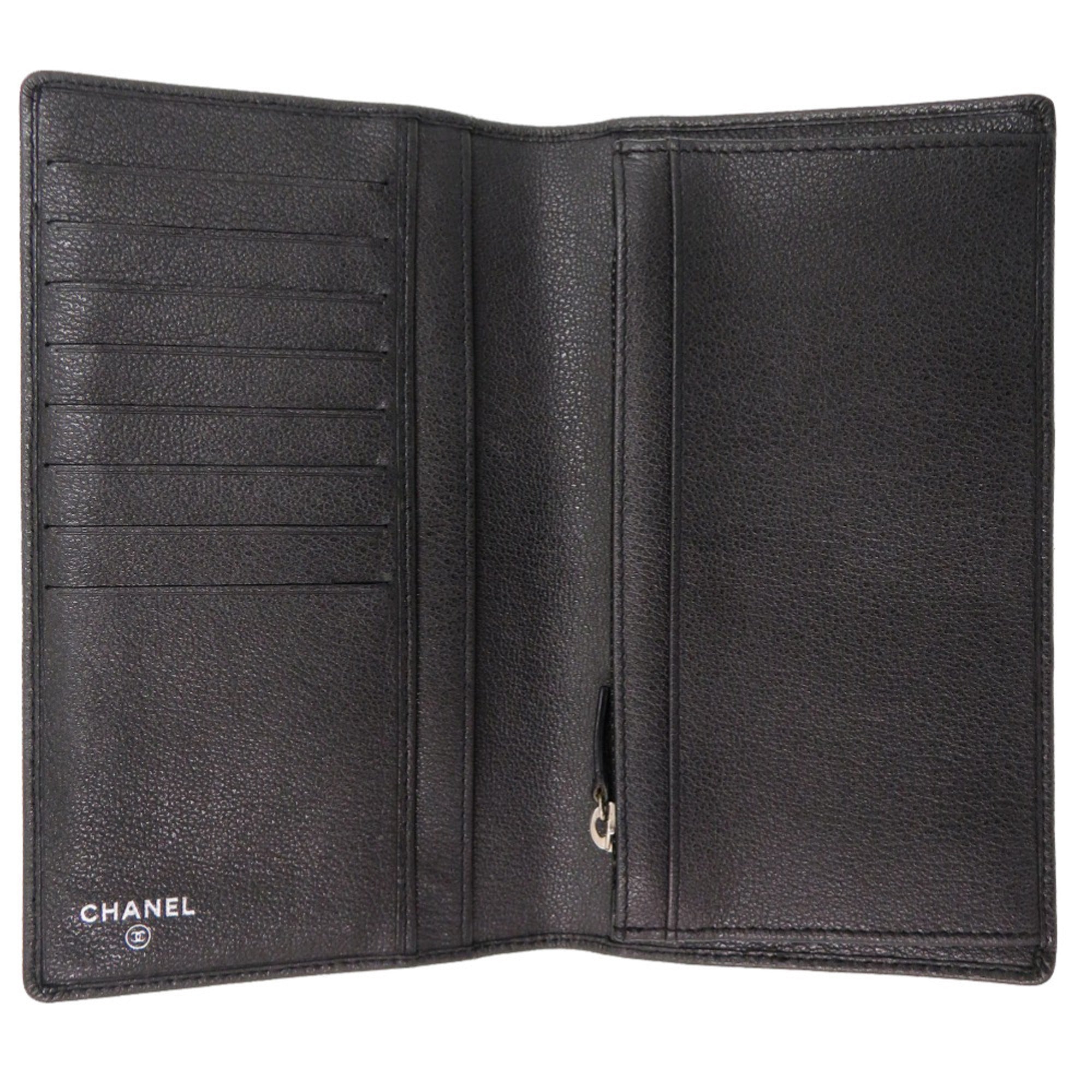 Chanel Camellia Black Leather Long Wallet (Bi-Fold) (Pre-Owned)