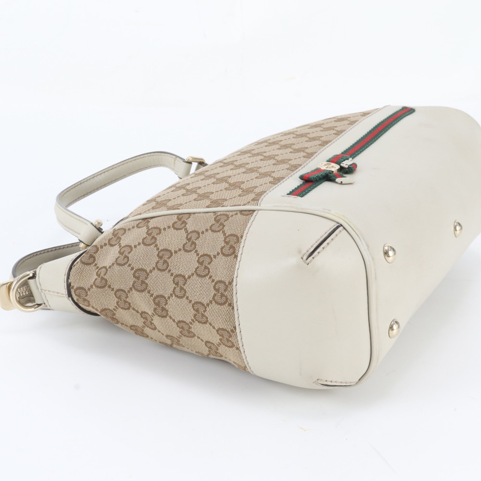 Gucci Beige Leather Canvas Handbag Shoulder Bag Tote Bag (Pre-Owned)