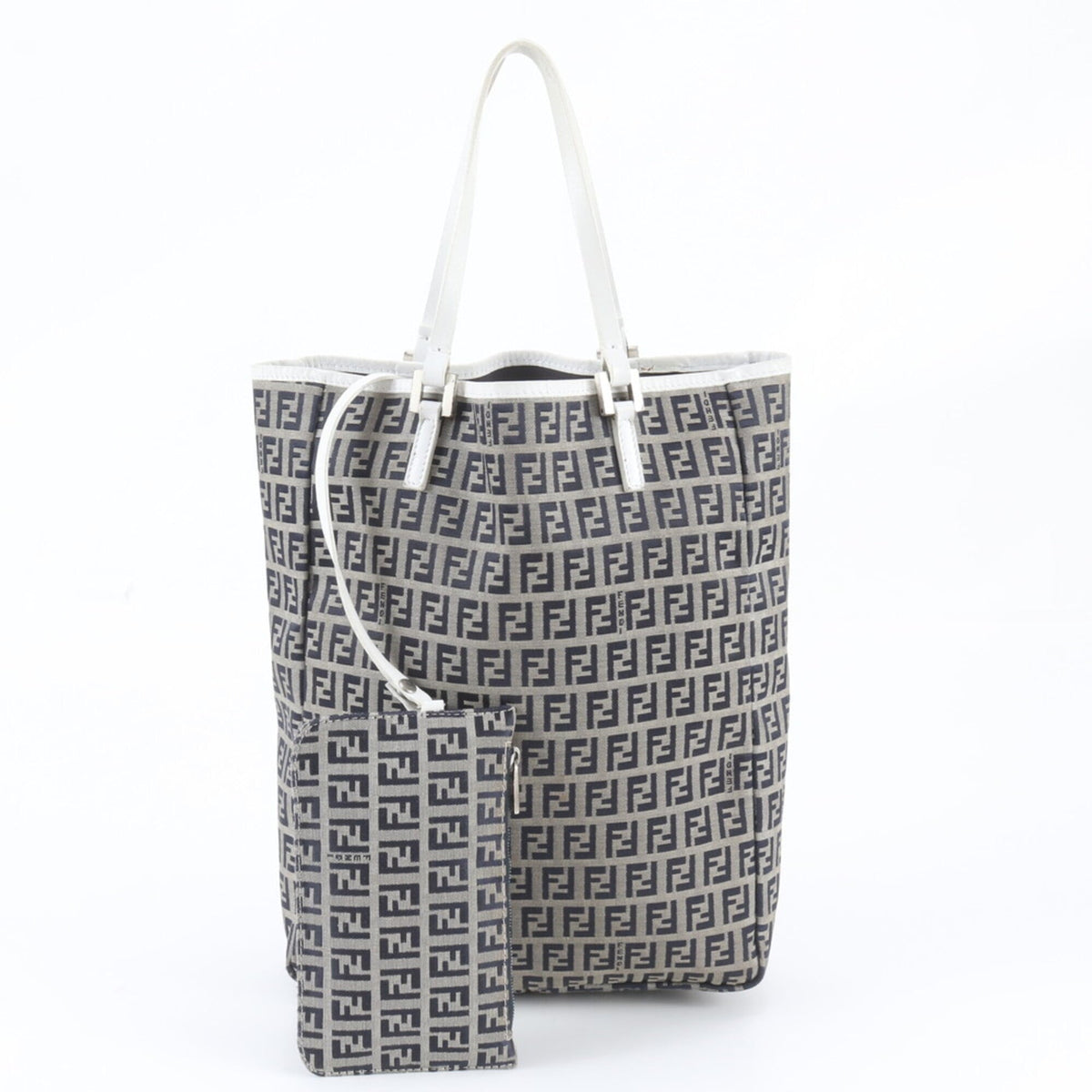 Fendi Gray Navy White Leather Canvas Shoulder Bag Tote Bag (Pre-Owned)