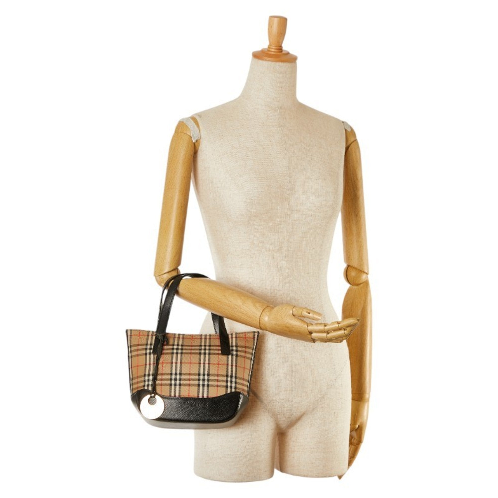Burberry Beige Black Canvas Leather Handbag (Pre-Owned)
