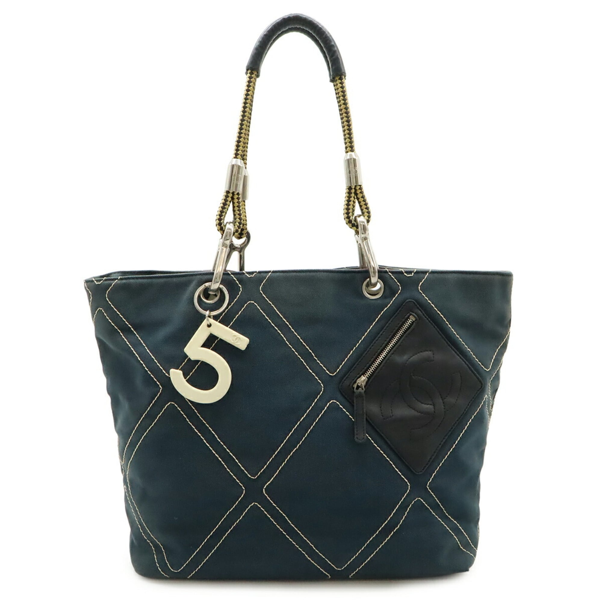 Chanel No.5 Black Navy Canvas Leather Shoulder Bag Tote Bag (Pre-Owned)