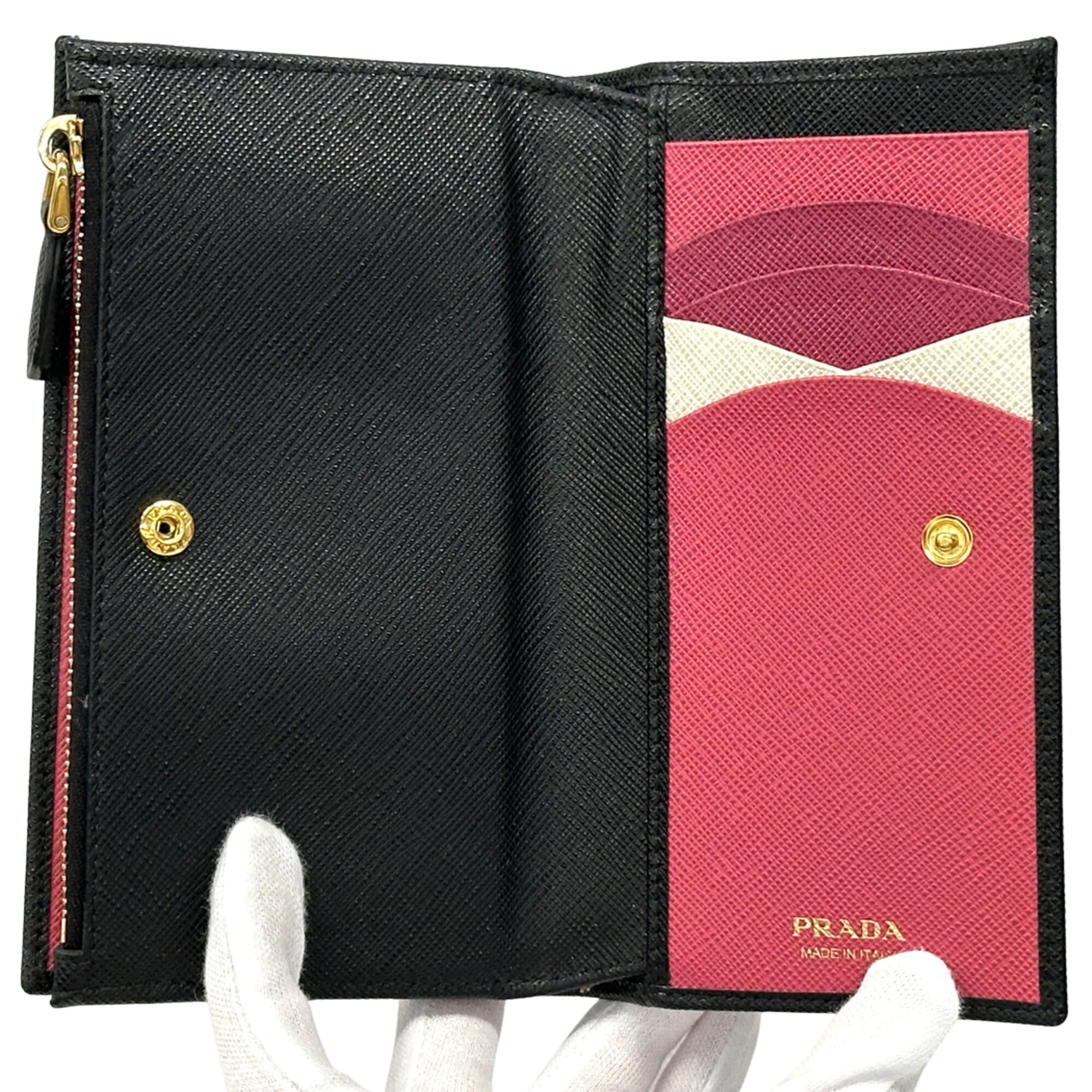 Prada Black Pink Saffiano Long Wallet (Bi-Fold) (Pre-Owned)