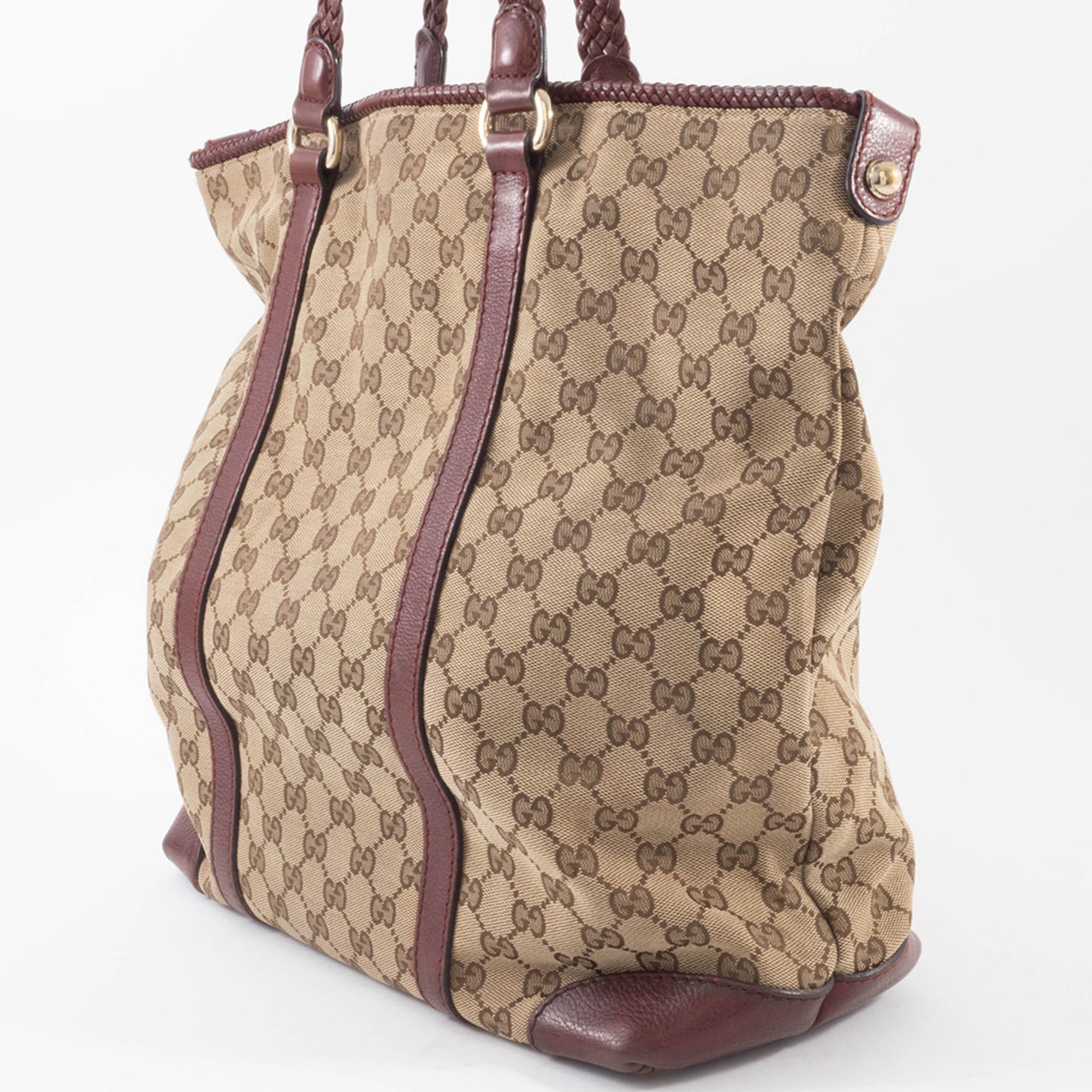 Gucci Gg Canvas Beige Brown Gg Canvas Leather Tote Bag (Pre-Owned)