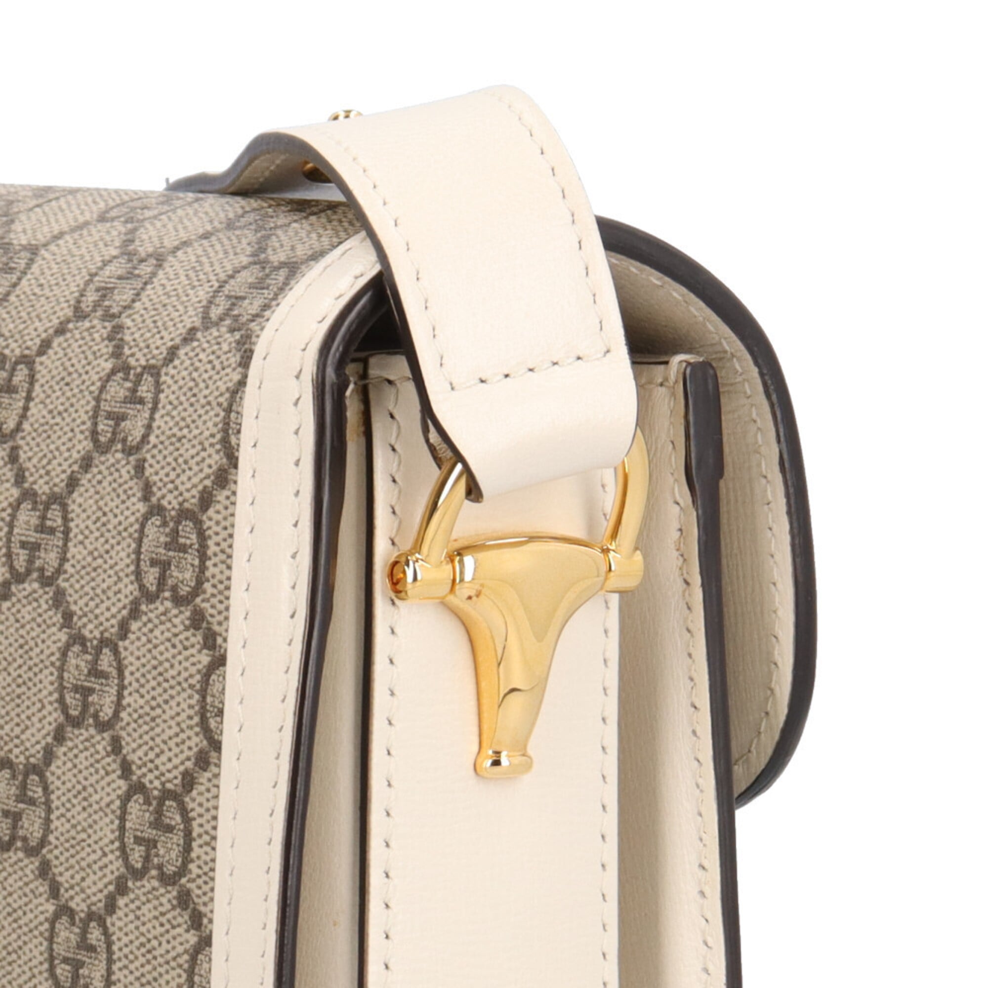 Gucci Horsebit Beige White Gg Supreme Canvas Leather Shoulder Bag (Pre-Owned)