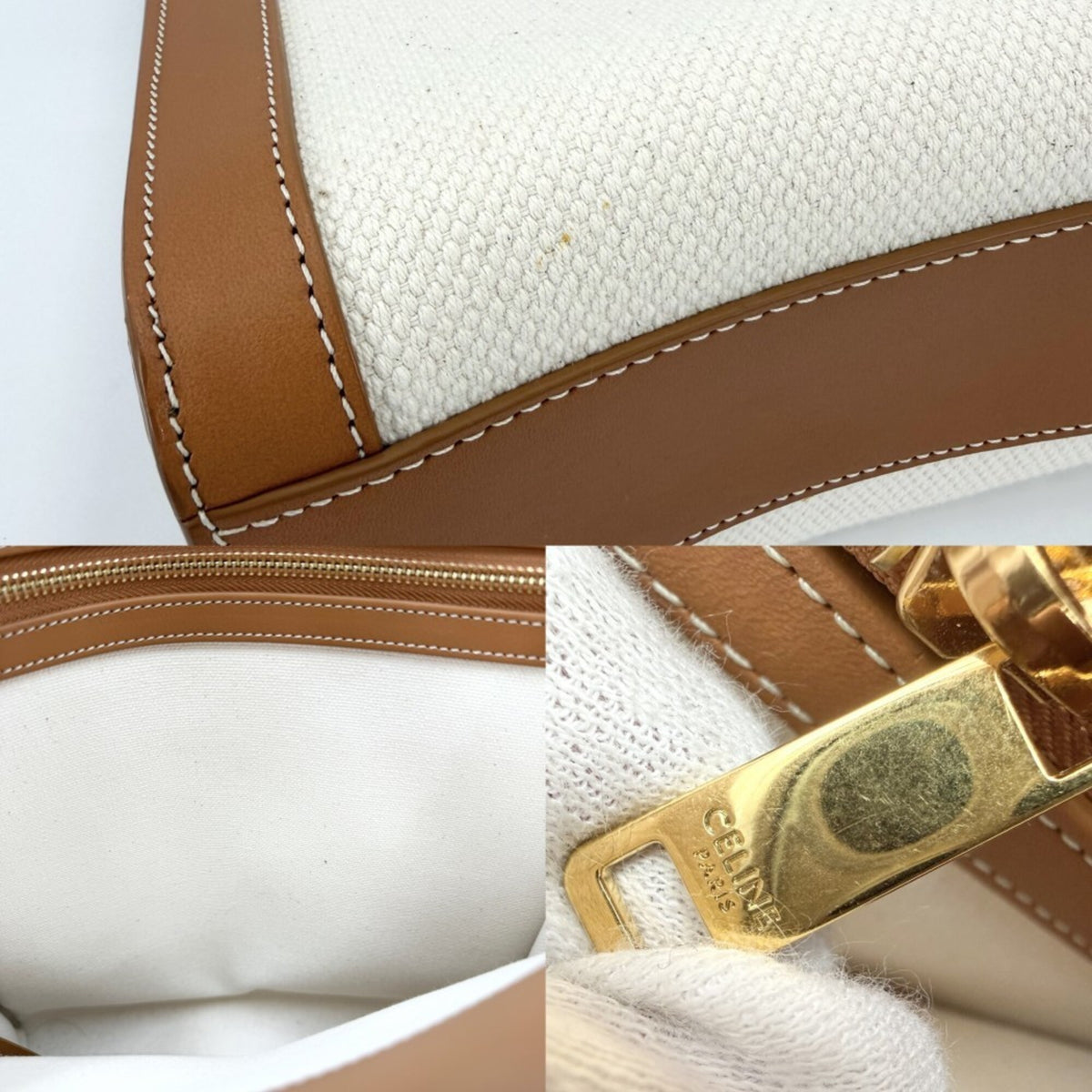 Celine Brown Ivory Canvas Leather Handbag Shoulder Bag Tote Bag (Pre-Owned)