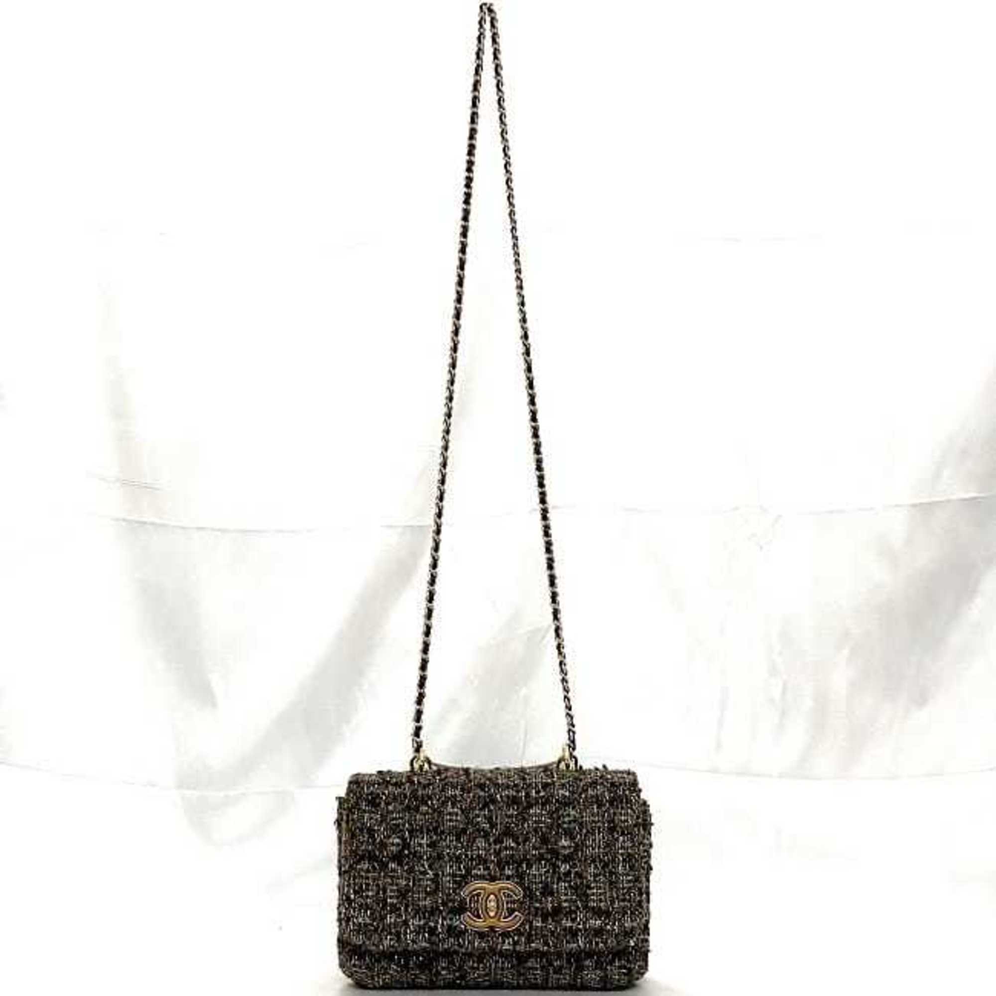 Chanel Brown Gray Tweed Wood Shoulder Bag (Pre-Owned)