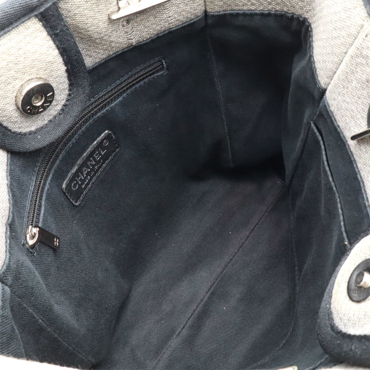 Chanel Black Gray Canvas Leather Shoulder Bag Tote Bag (Pre-Owned)