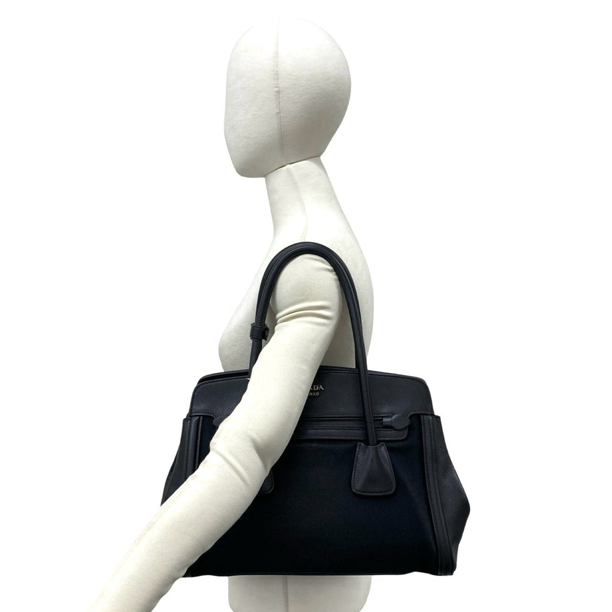 Prada Black Leather Canvas Handbag Shoulder Bag Tote Bag (Pre-Owned)