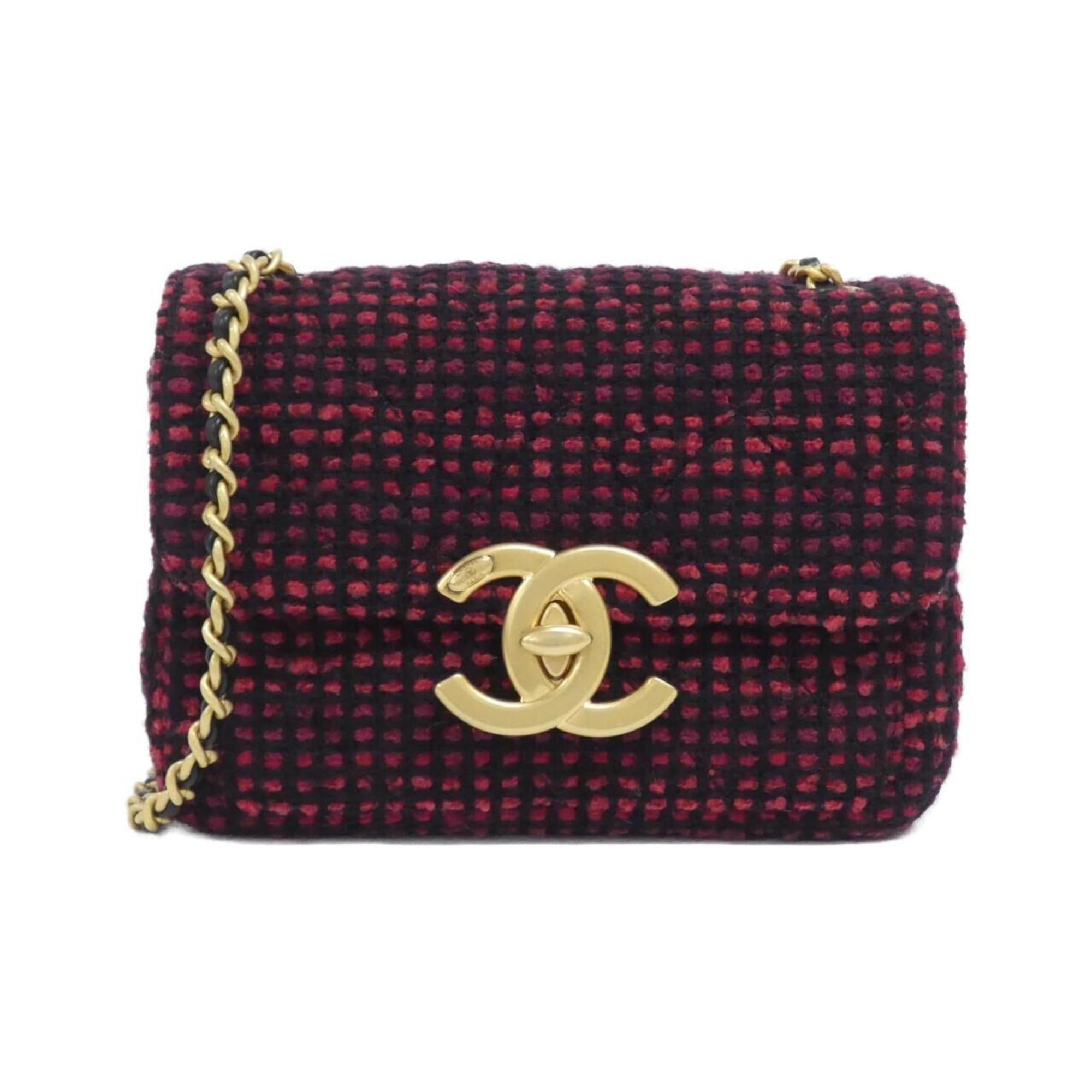 Chanel Black Red Color Cotton Tweed Shoulder Bag (Pre-Owned)