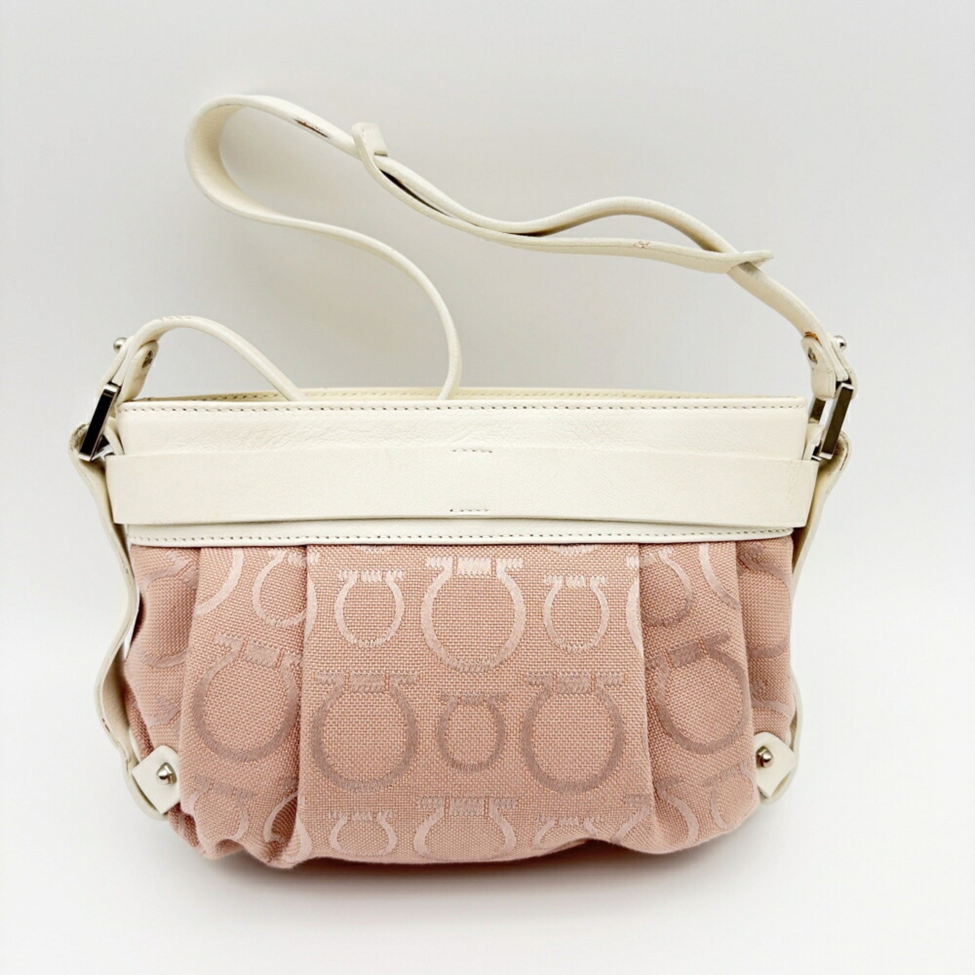 Salvatore Ferragamo Pink White Canvas Leather Shoulder Bag (Pre-Owned)