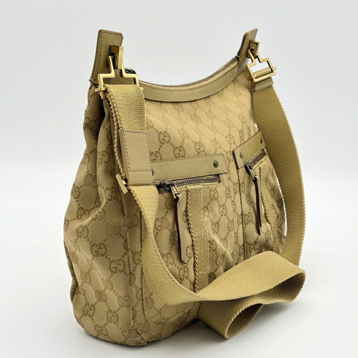 Gucci Gg Canvas Beige Gg Canvas Leather Shoulder Bag (Pre-Owned)