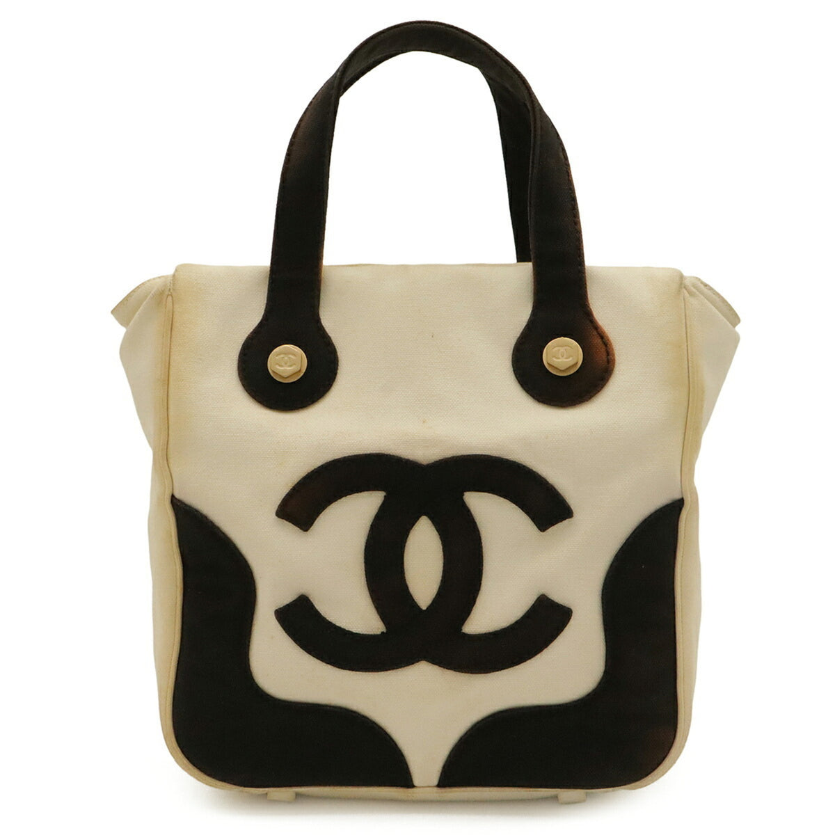 Chanel Black Ivory White Yellow Canvas Handbag Tote Bag (Pre-Owned)