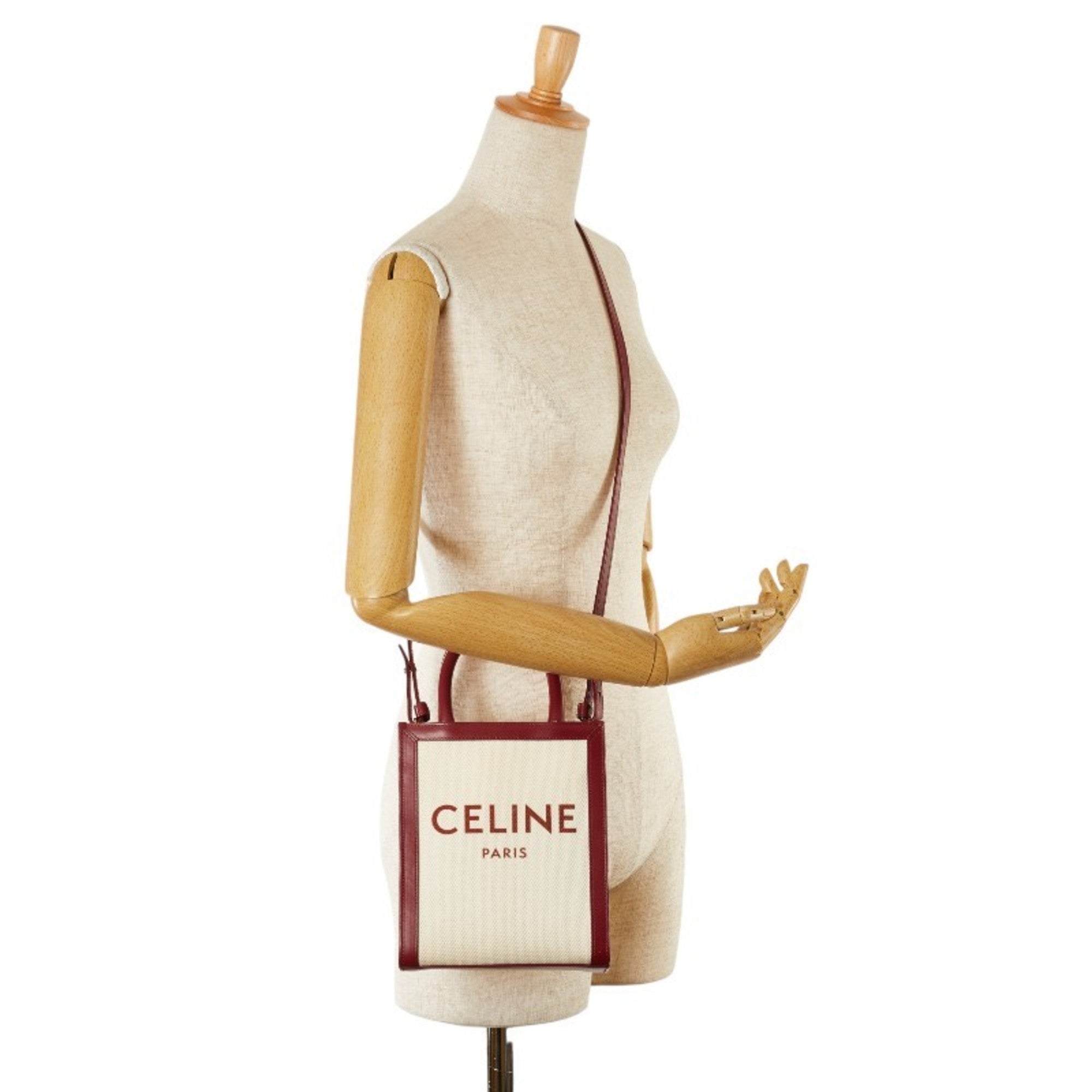 Celine Red Color White Canvas Leather Handbag Shoulder Bag (Pre-Owned)