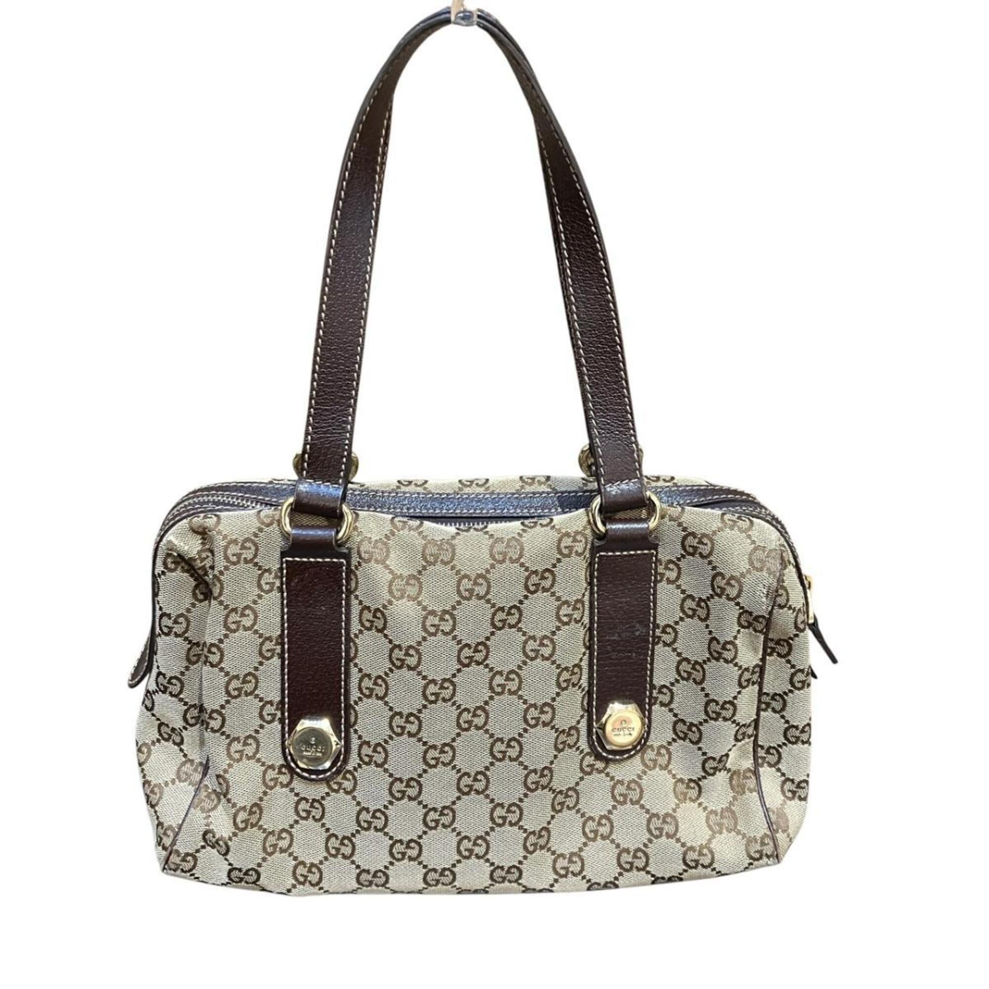 Gucci Gg Canvas Beige Brown Canvas Leather Handbag (Pre-Owned)