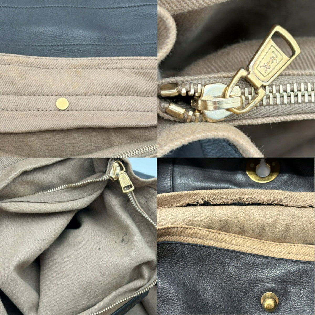 Yves Saint Laurent Beige Dark Brown Leather Canvas Handbag Shoulder Bag (Pre-Owned)