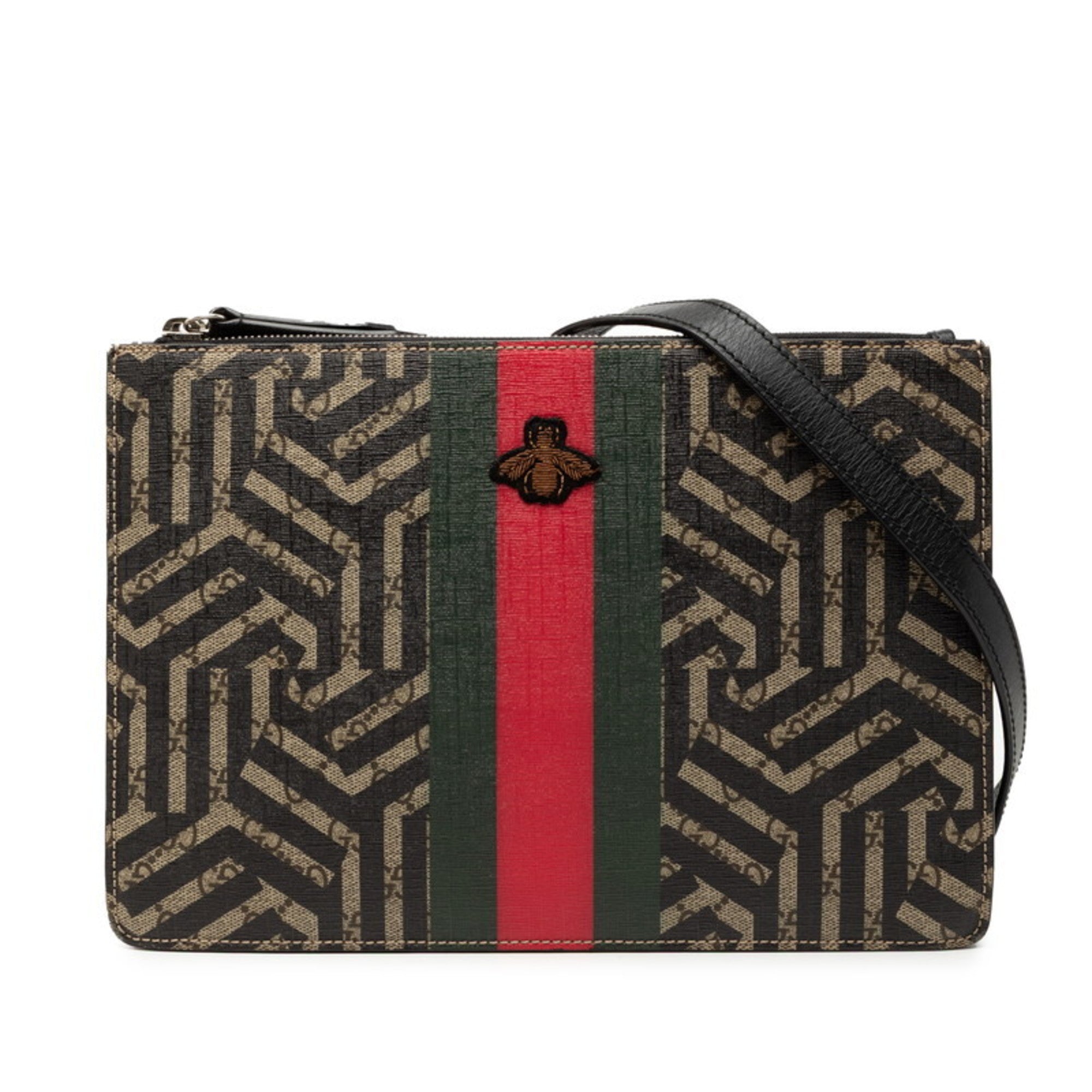 Gucci Beige Black Leather Clutch Bag Shoulder Bag (Pre-Owned)