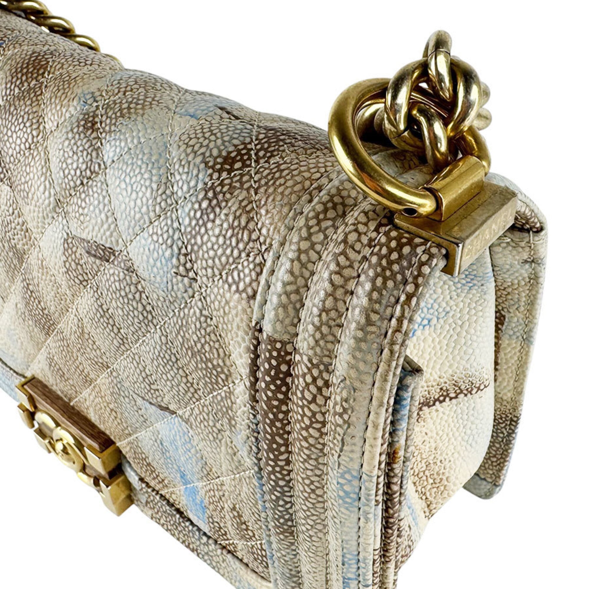 Chanel Beige Blue Brown Grained Calfskin Shoulder Bag (Pre-Owned)