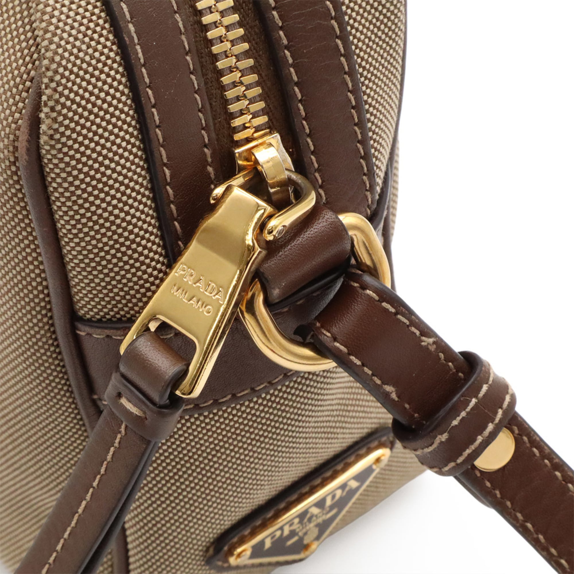 Prada Beige Brown Canvas Leather Pochette Shoulder Bag (Pre-Owned)