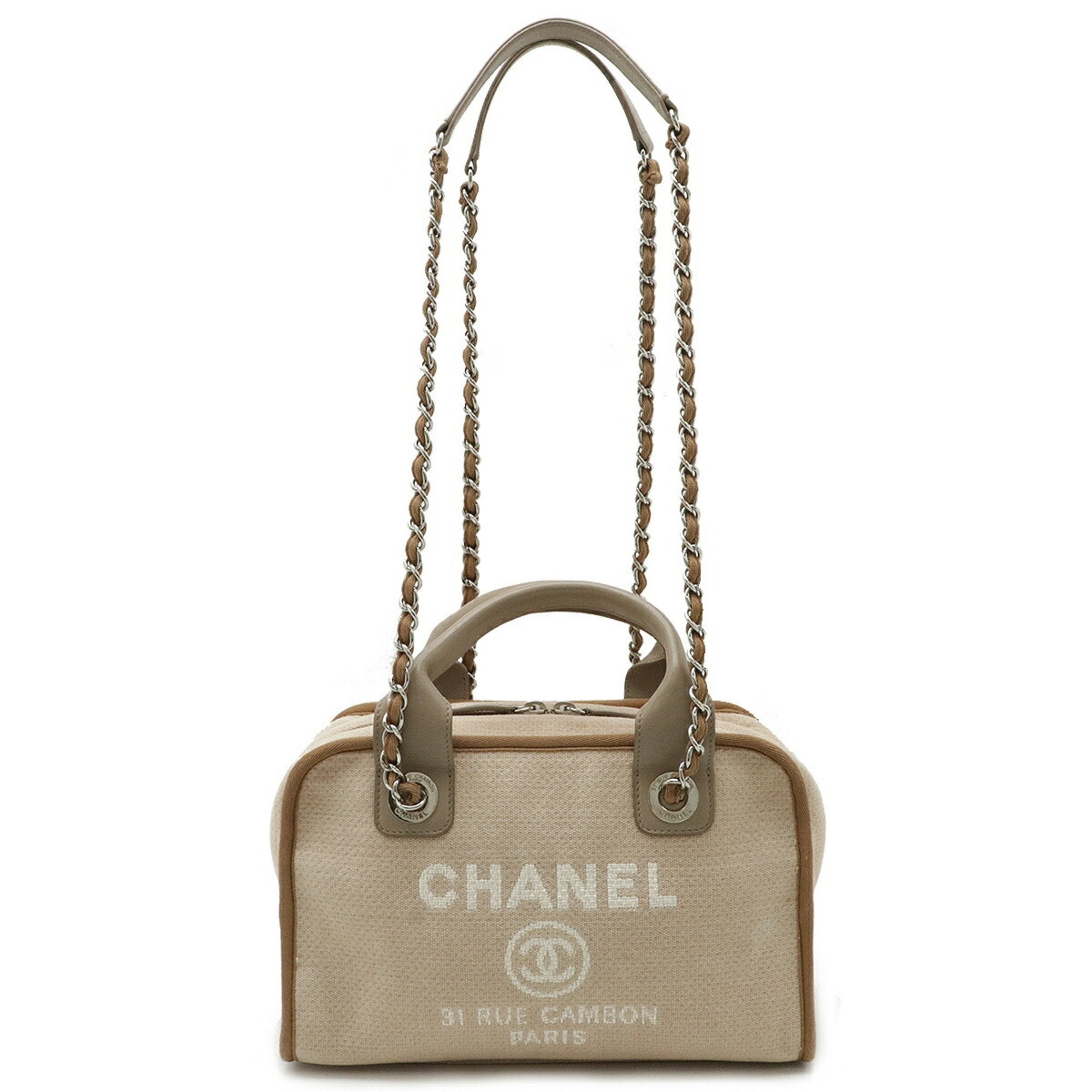Chanel Beige Brown Grayish Canvas Leather Handbag (Pre-Owned)