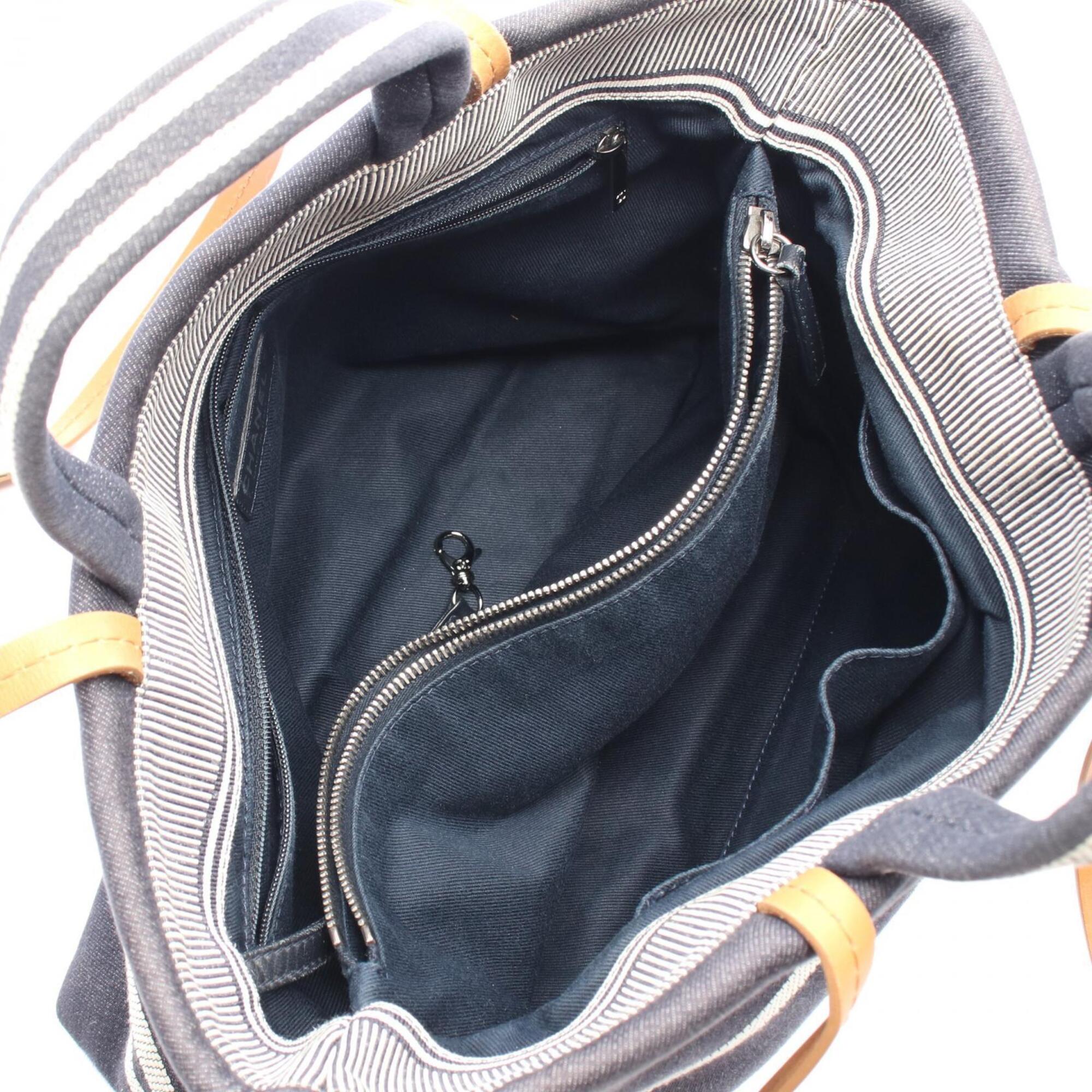 Chanel Brown Navy Denim Leather Handbag Tote Bag (Pre-Owned)