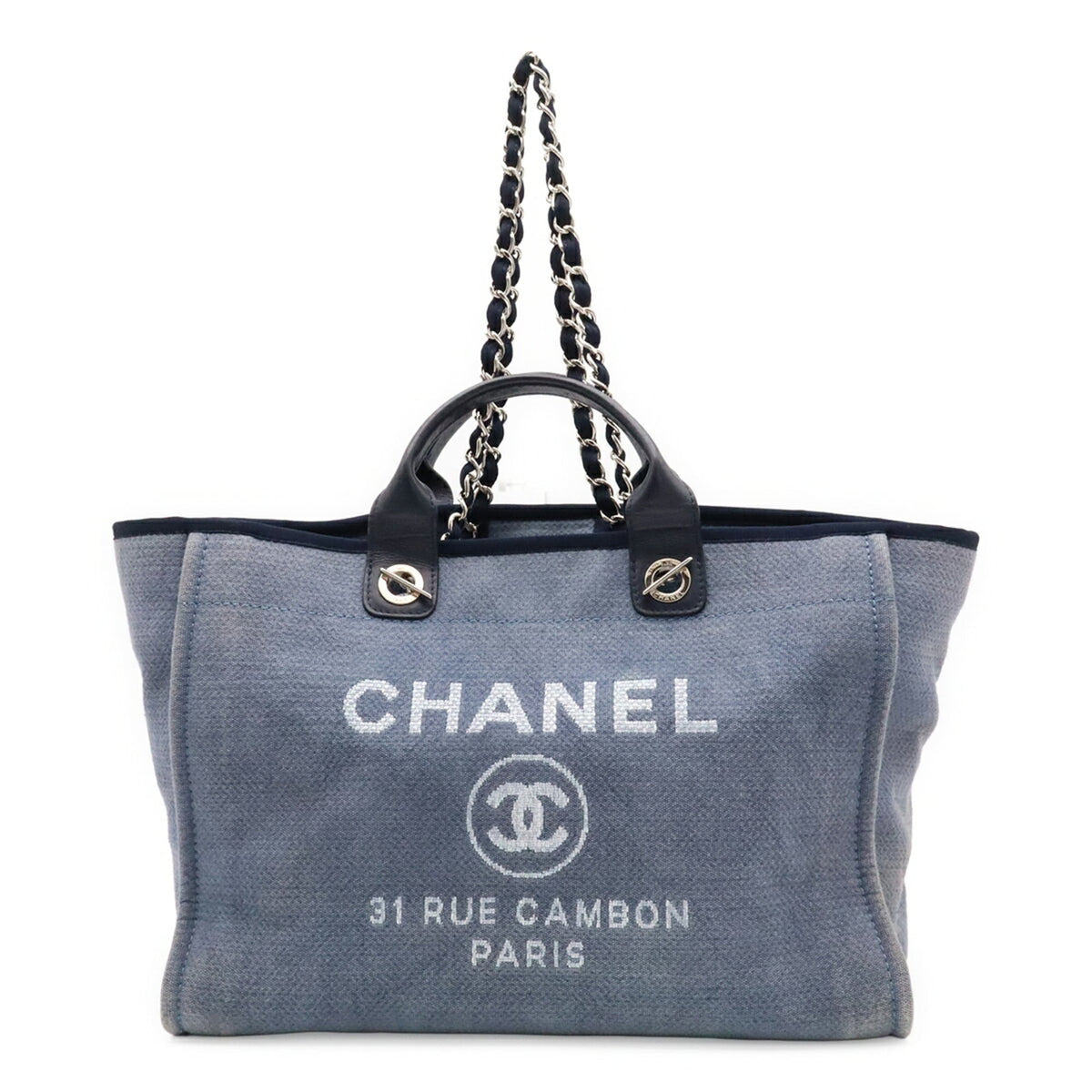Chanel Blue Canvas Leather Shoulder Bag Tote Bag (Pre-Owned)