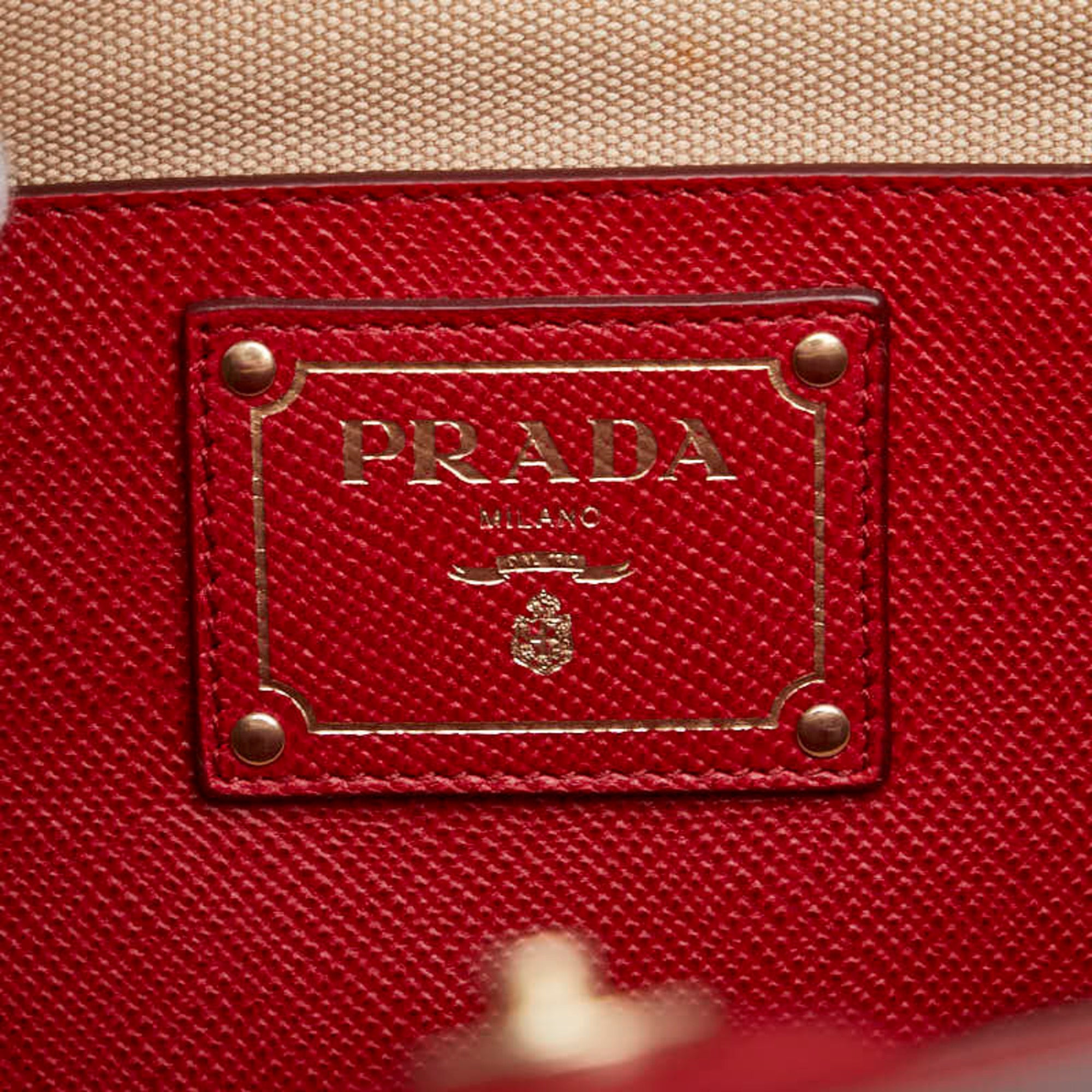 Prada Beige Red Color Canvas Leather Handbag Shoulder Bag (Pre-Owned)